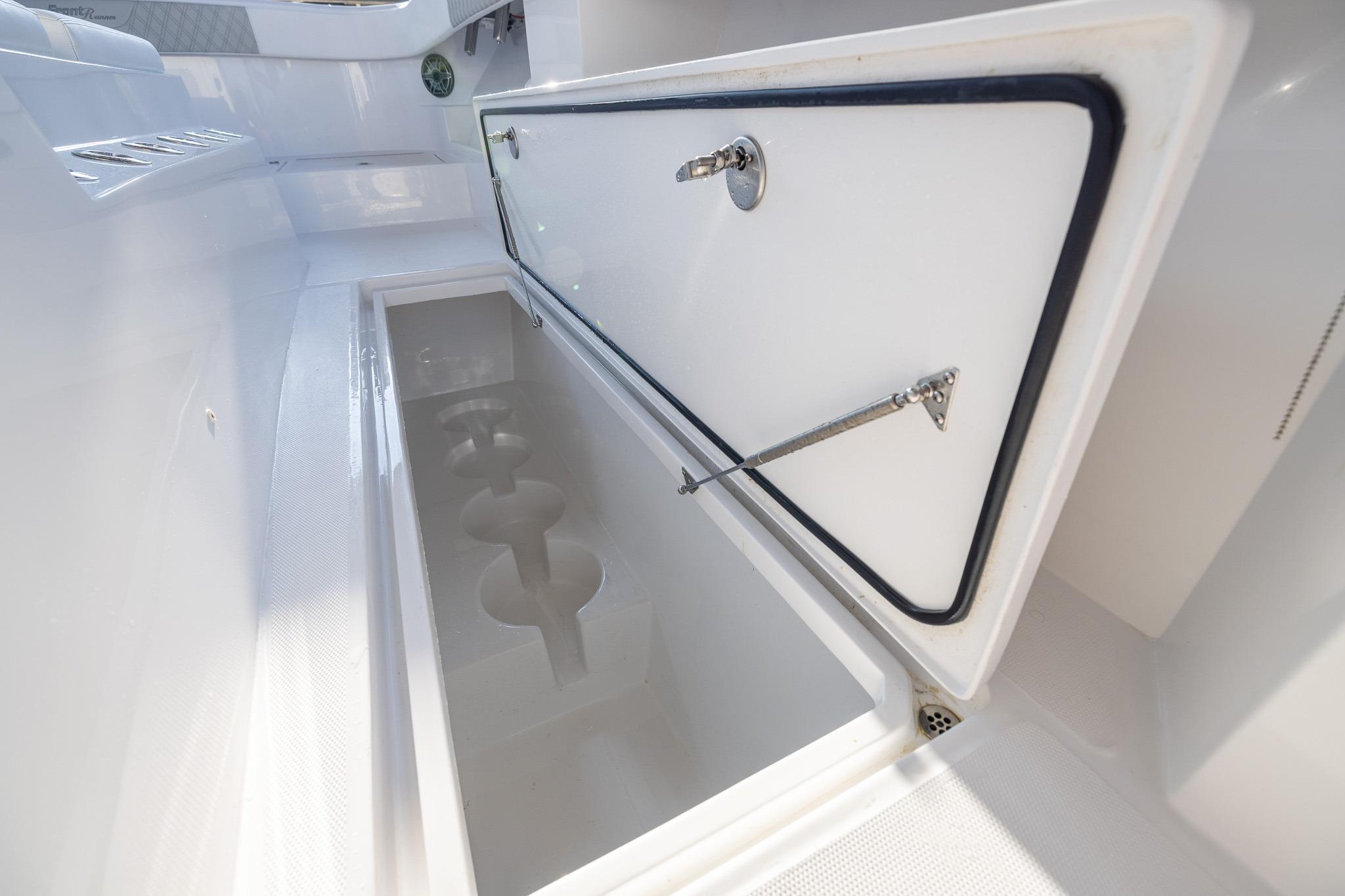 Storage compartment on 2026 Front Runner 37 Catamaran, showcasing sleek design and functionality.