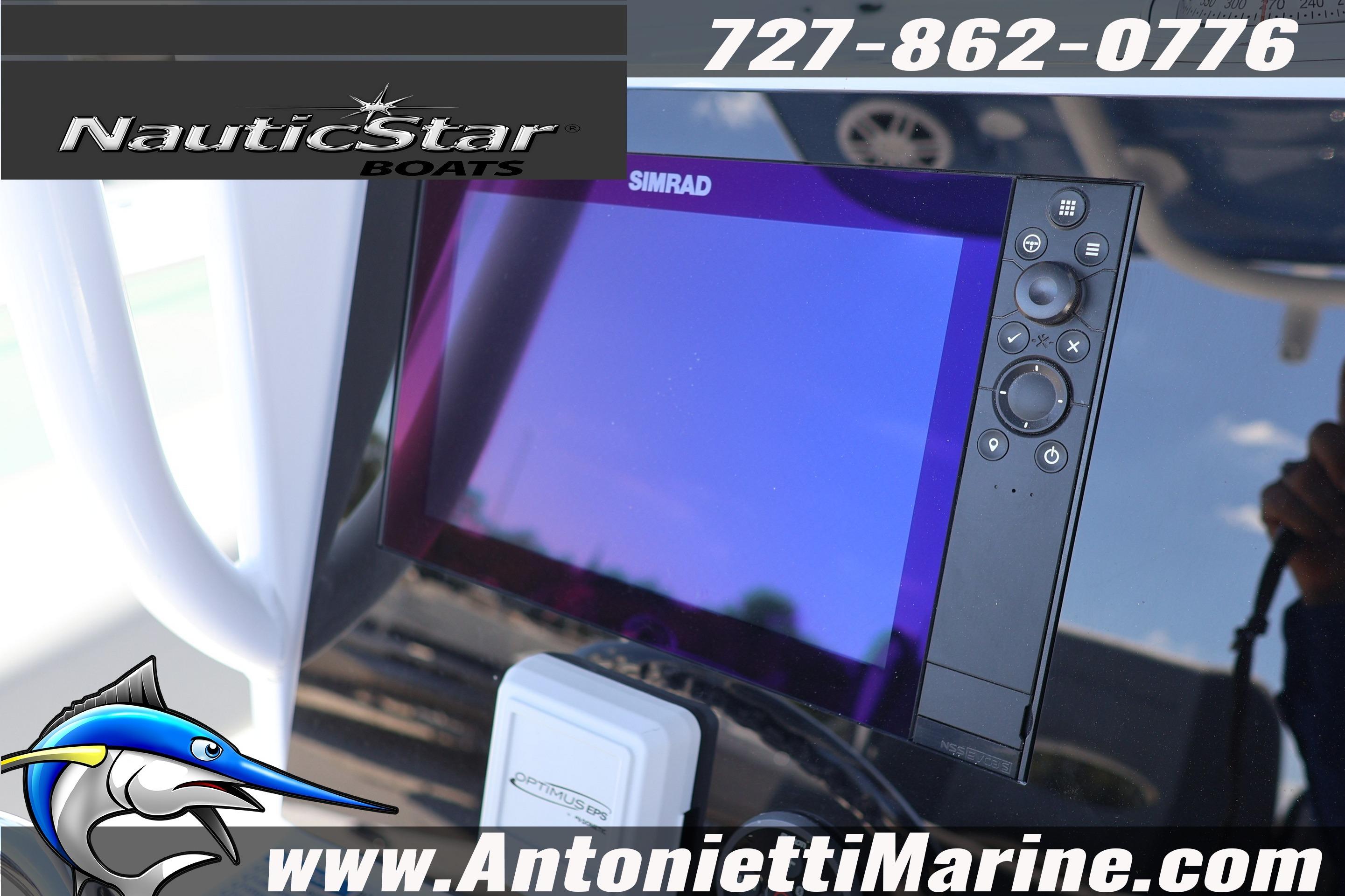 Simrad display on 2026 NauticStar 292 Legacy boat dashboard, featuring Antonietti Marine branding.