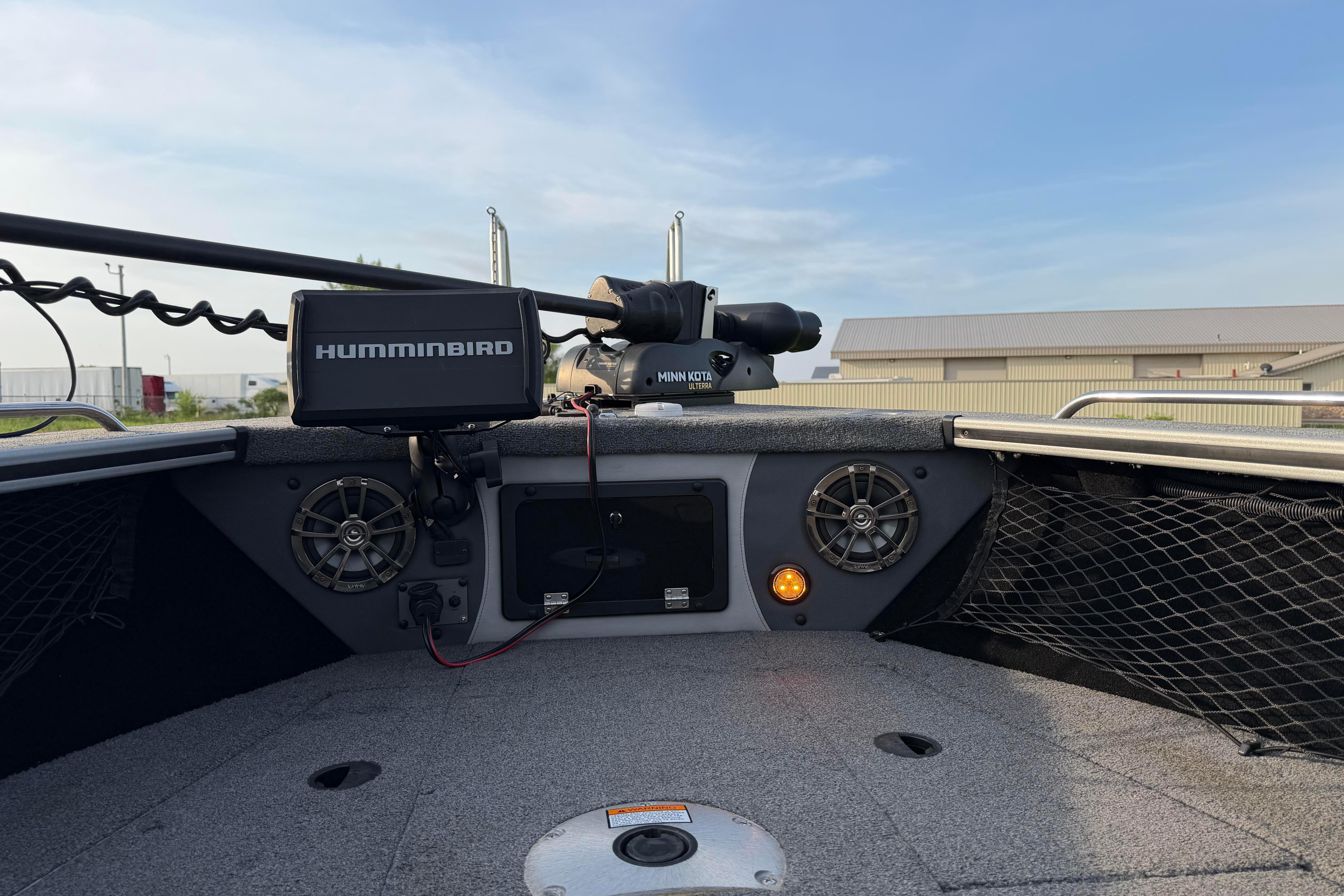 2019 Alumacraft Trophy 205 boat interior with Humminbird electronics and Minn Kota trolling motor.