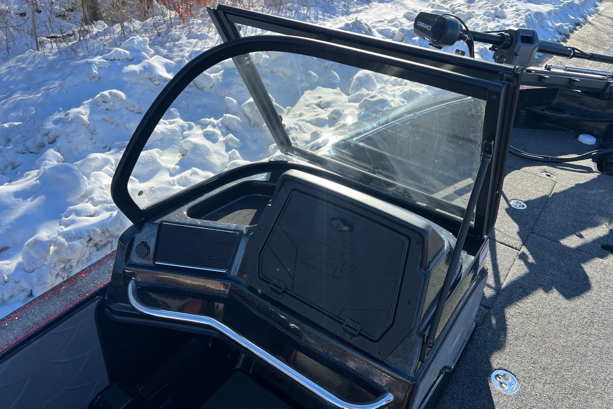2026 Nitro ZV20 boat console with windshield, snowy background.