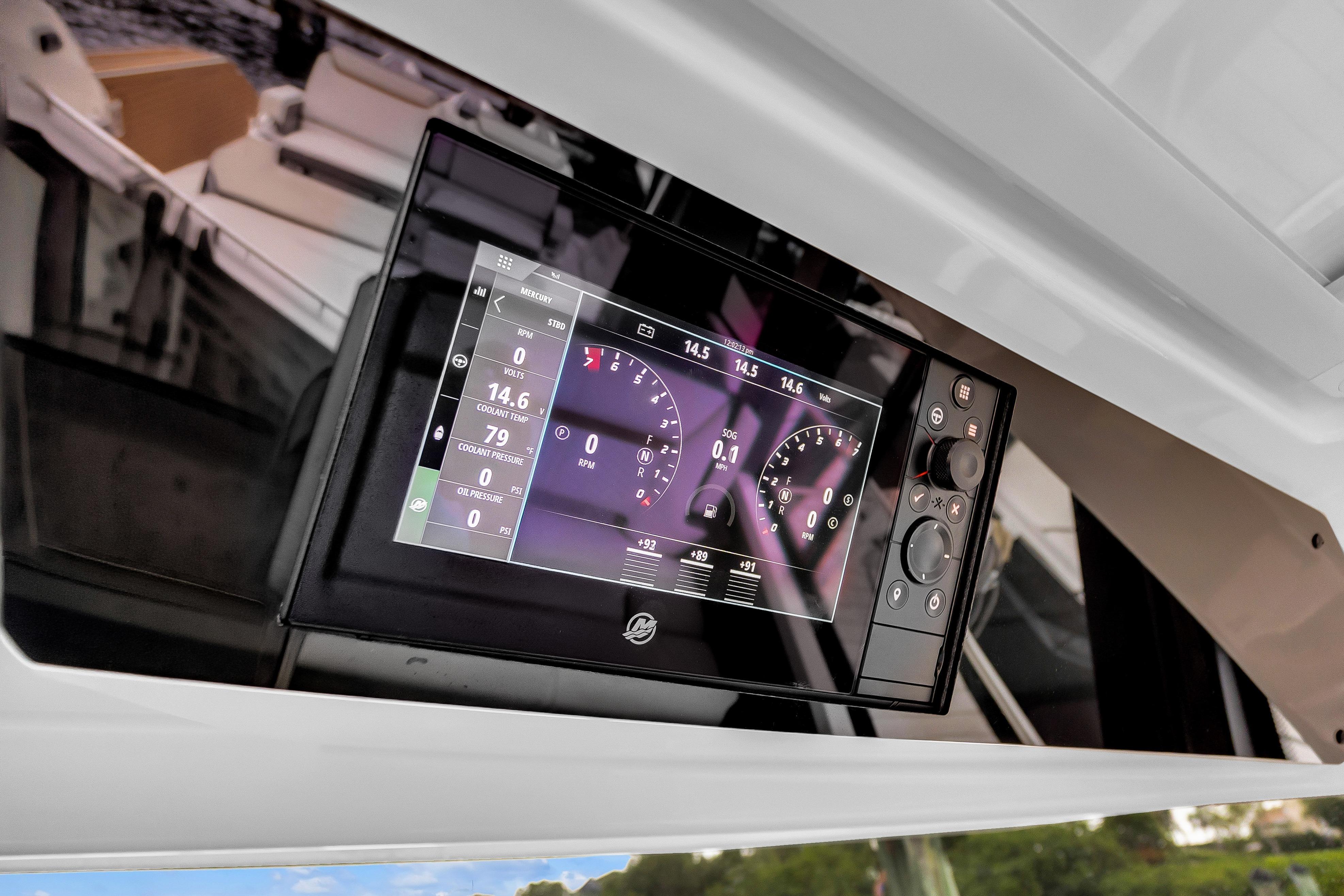 Dashboard display of 2021 Tiara Sport 43 LE boat, showing engine metrics.
