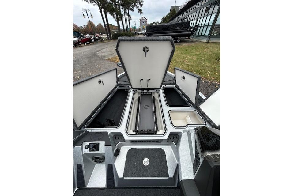 2024 Ranger Z519 Ranger Cup Equipped boat storage compartments open, showcasing interior features.