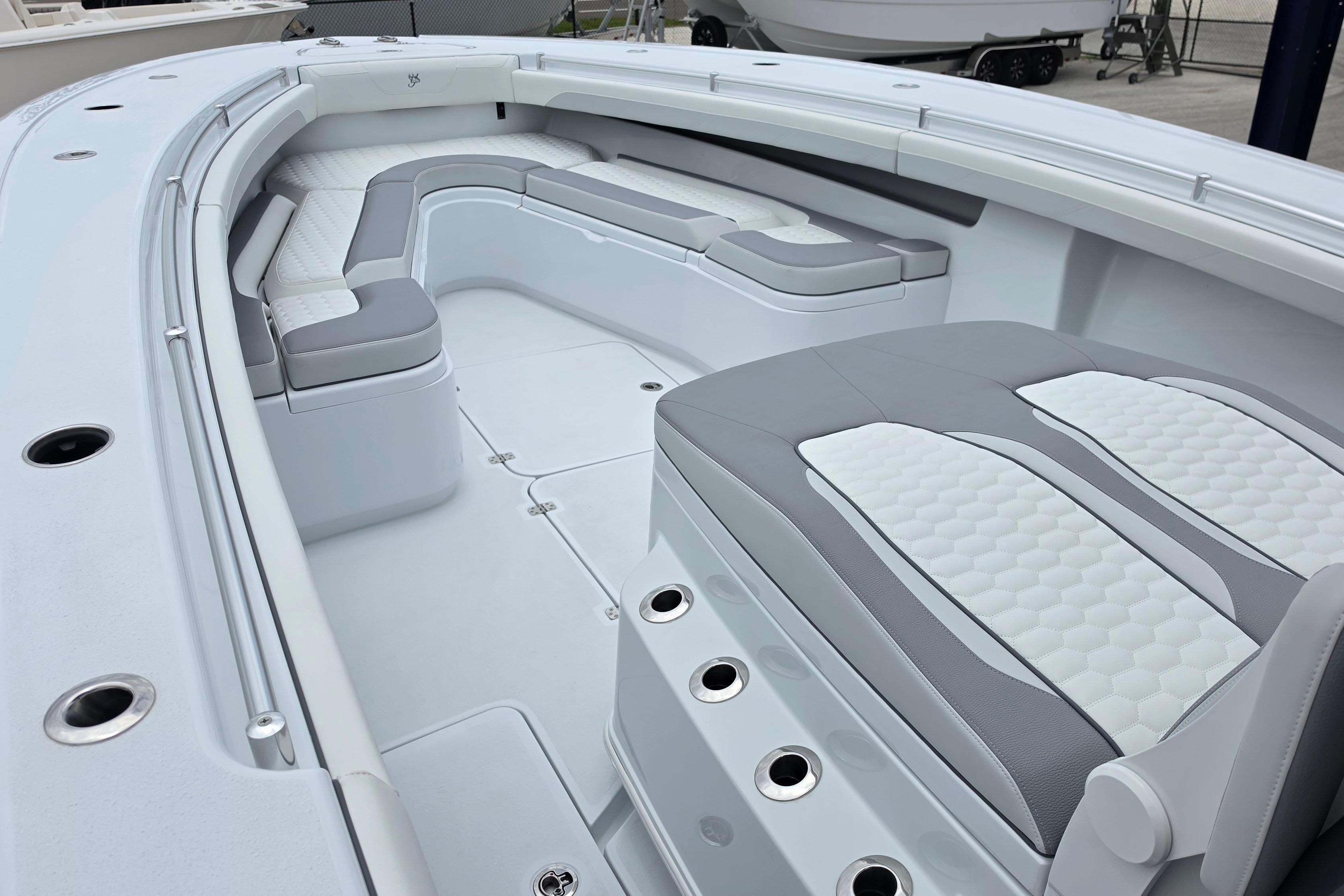 2027 Yellowfin 36 Offshore boat interior with sleek seating and modern design.