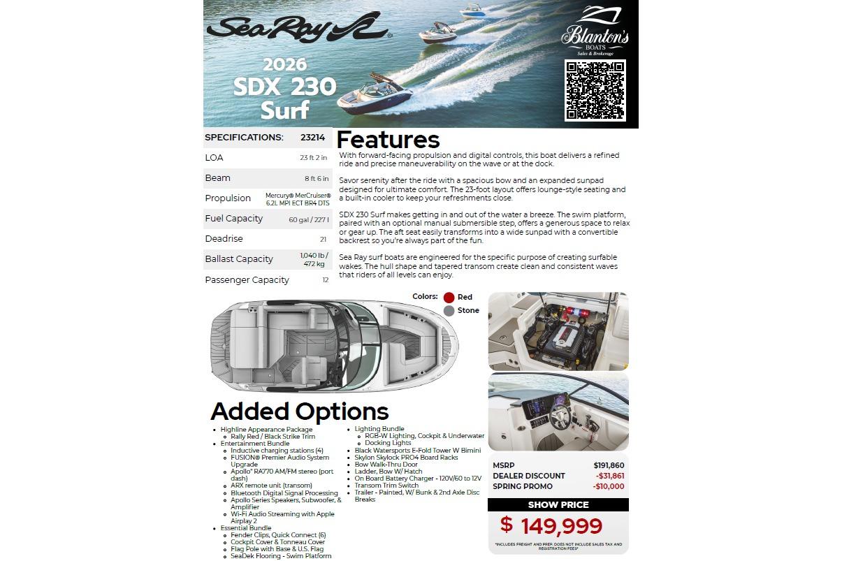 2026 Sea Ray SDX 230 Surf boat brochure with specifications, features, and pricing details.