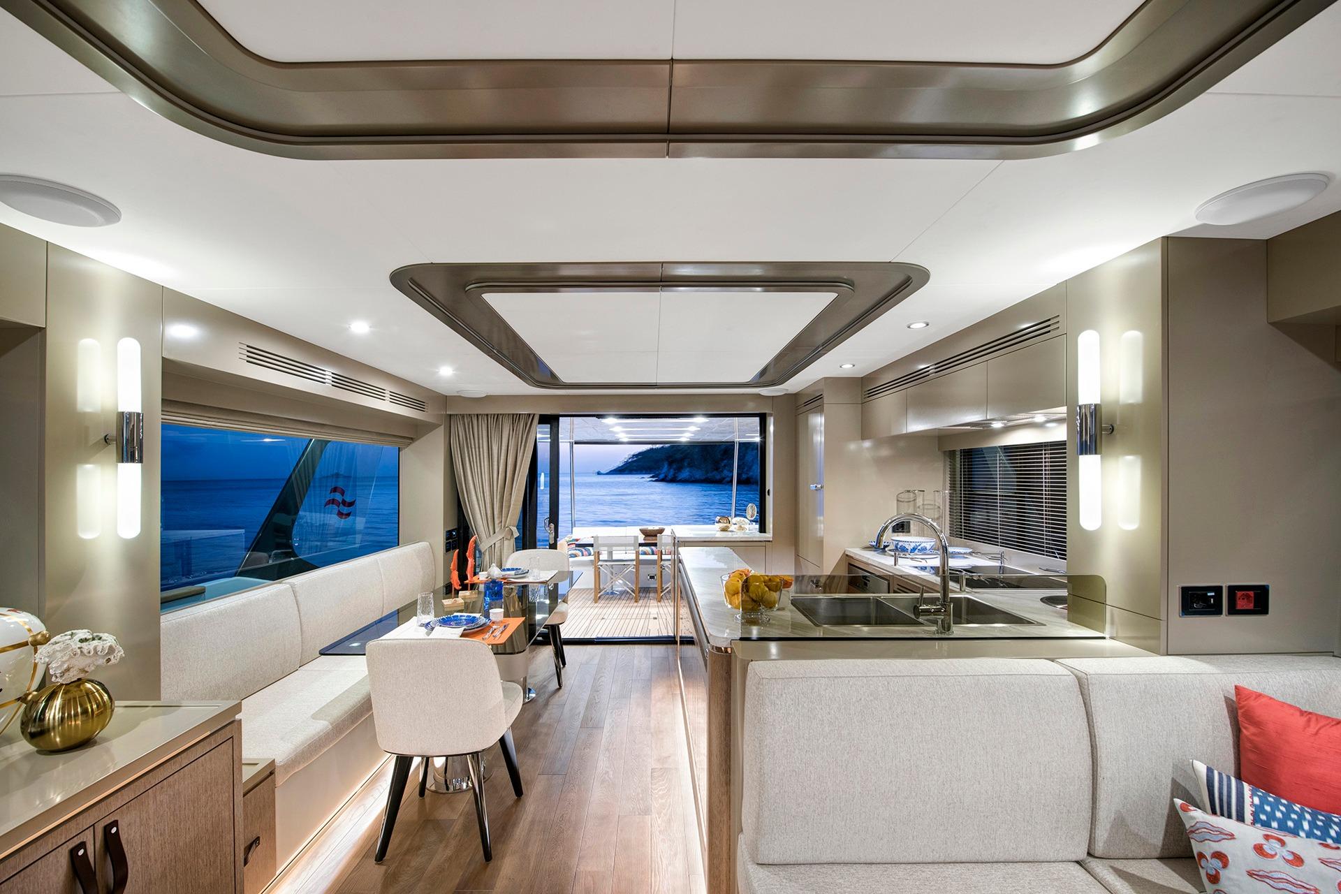 Luxurious interior of 2026 Sirena 68 yacht with modern design and ocean view.