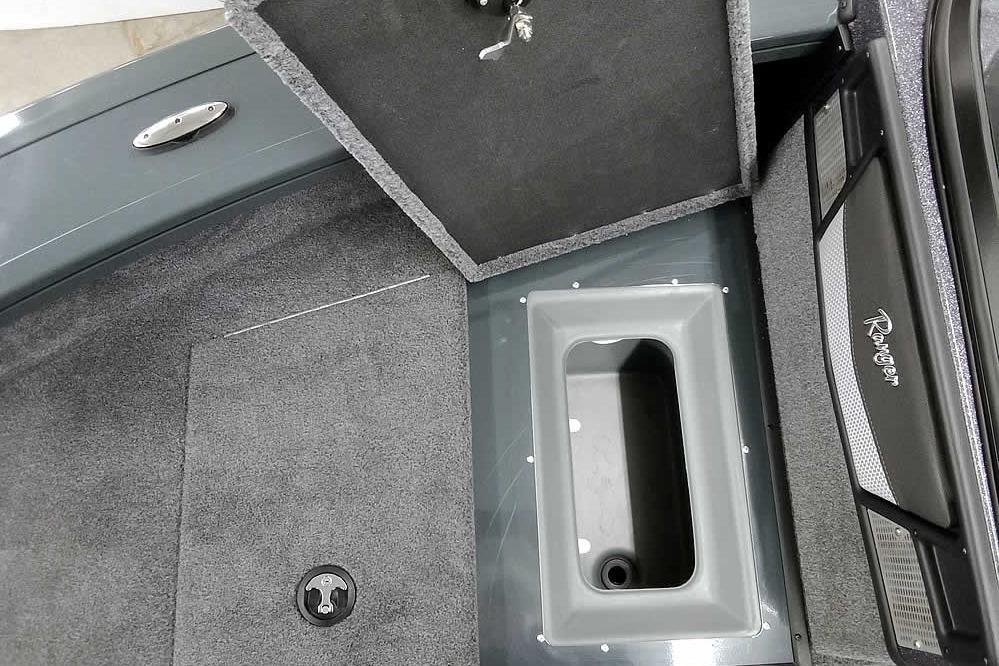 2026 Ranger VX1888 WT boat interior storage compartment with open hatch.