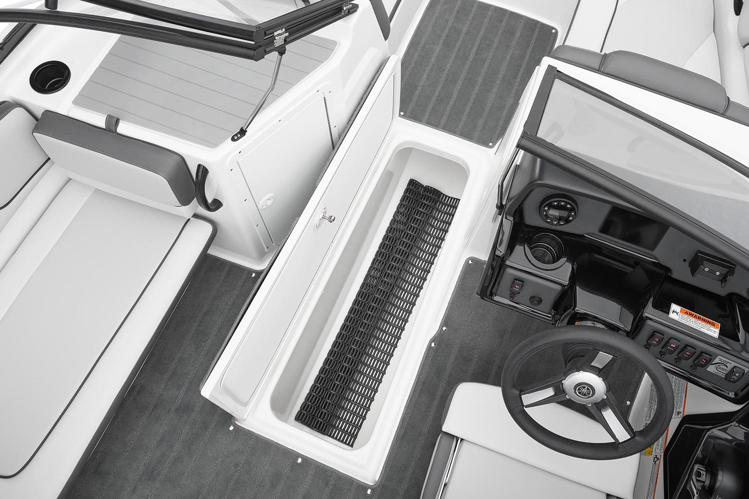 Manufacturer Provided Image: 2026 Yamaha Boats AR190 interior with steering wheel and seating area.