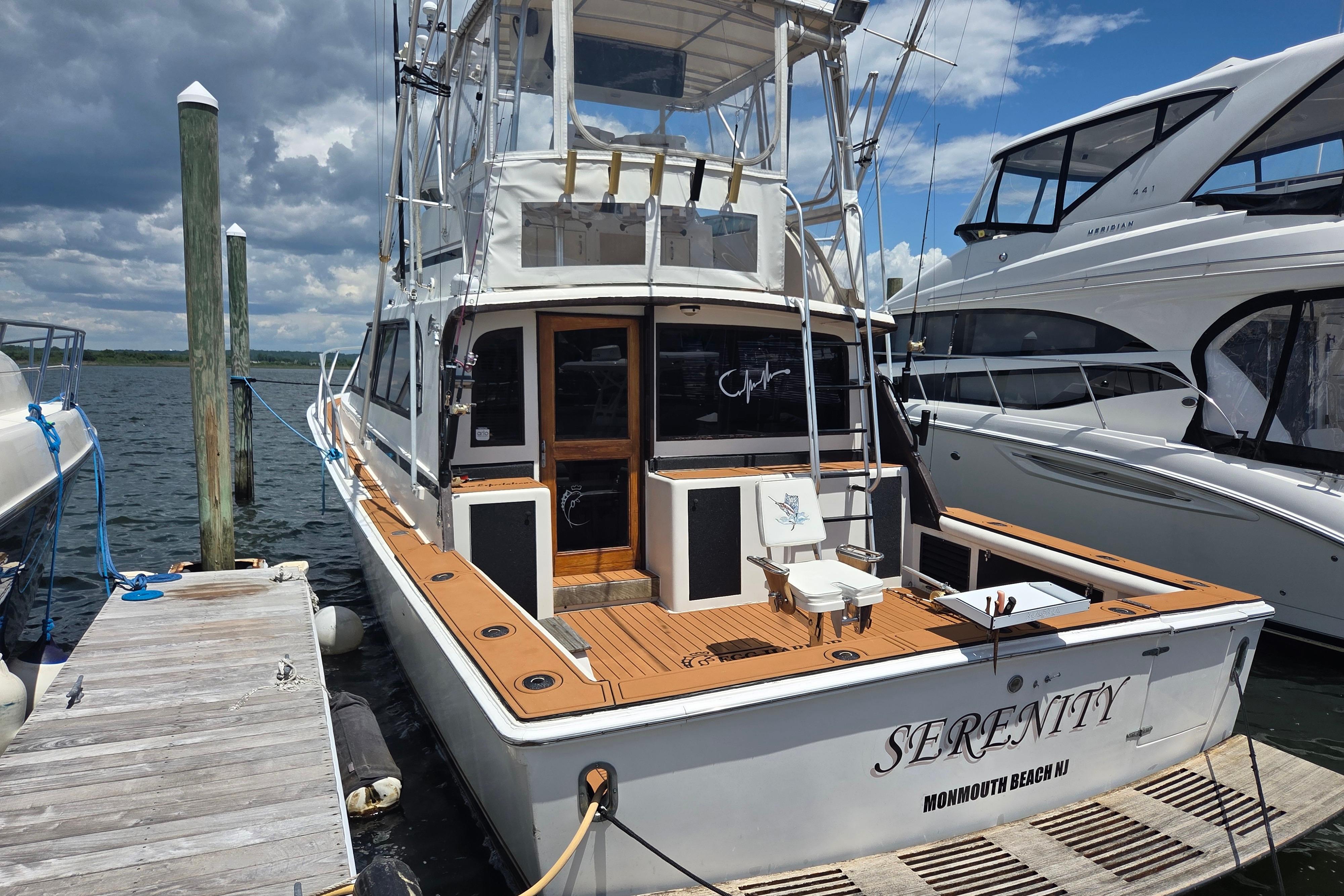 1990 Egg Harbor Golden Egg 42 yacht docked at Monmouth Beach, NJ marina.