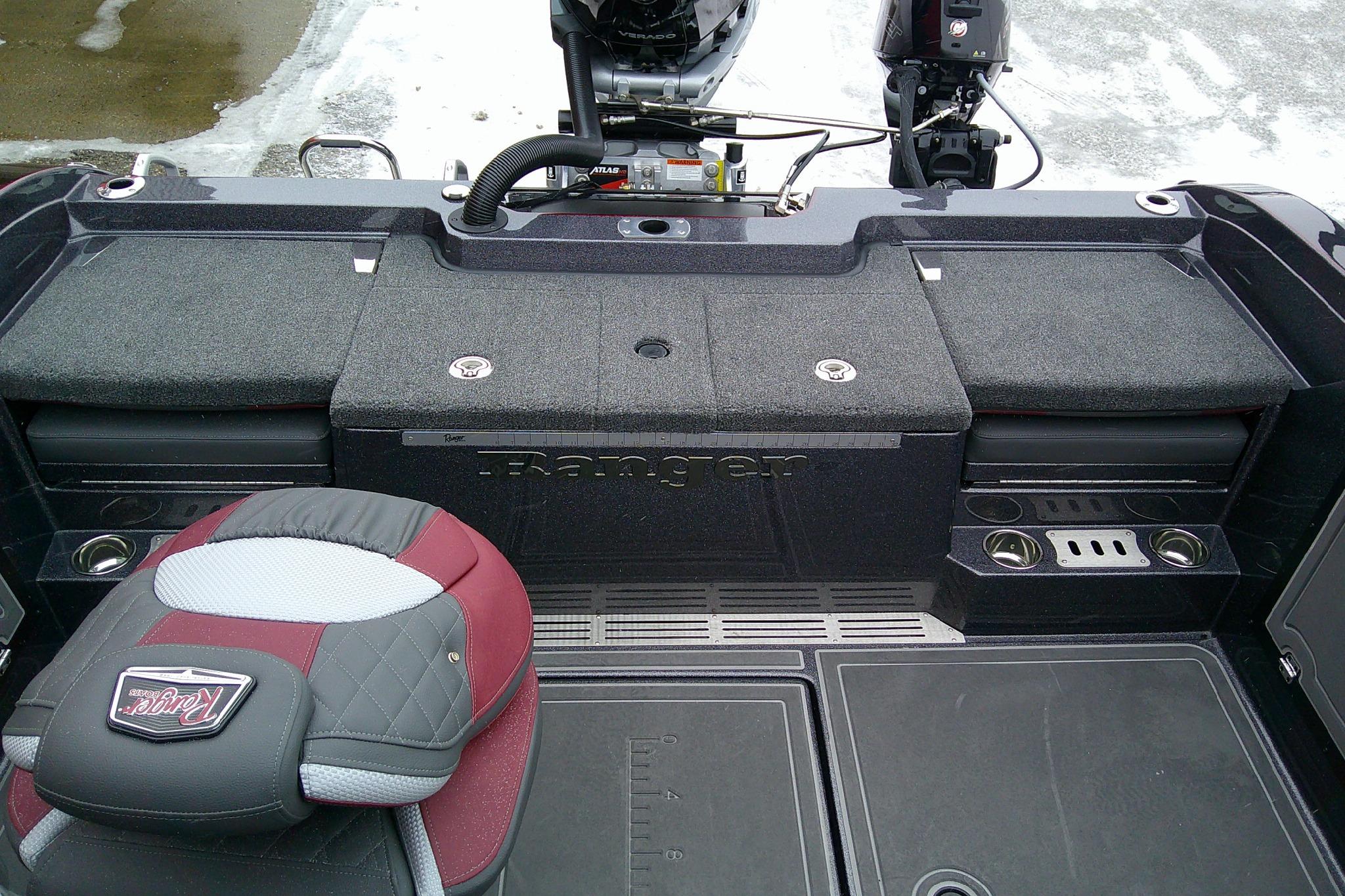 2026 Ranger 620xFS Pro boat interior with seating and storage compartments.