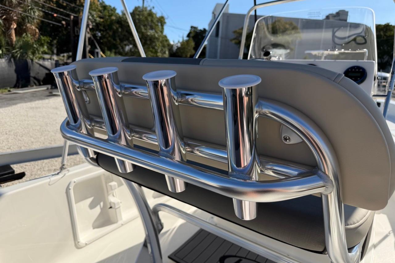 2026 Key West 1720 Center Console boat with stainless steel rod holders.