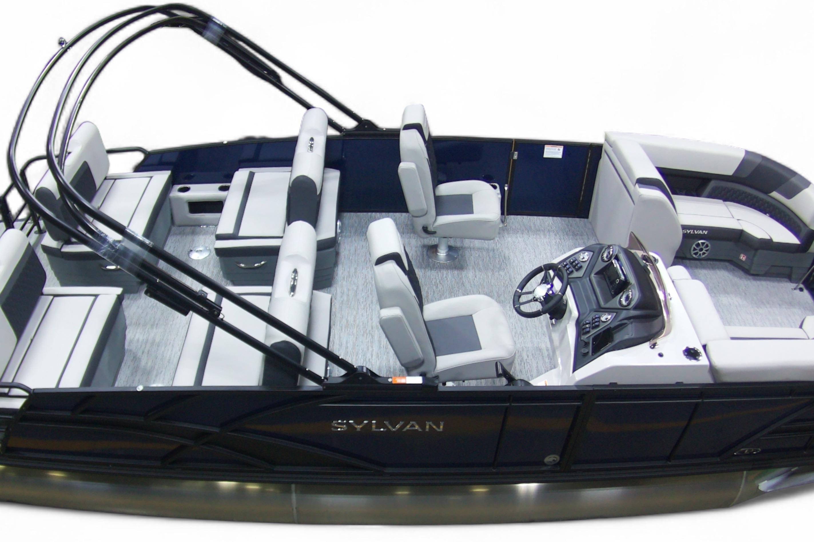 2026 Sylvan L3 RLZ pontoon boat interior with modern seating and steering console.