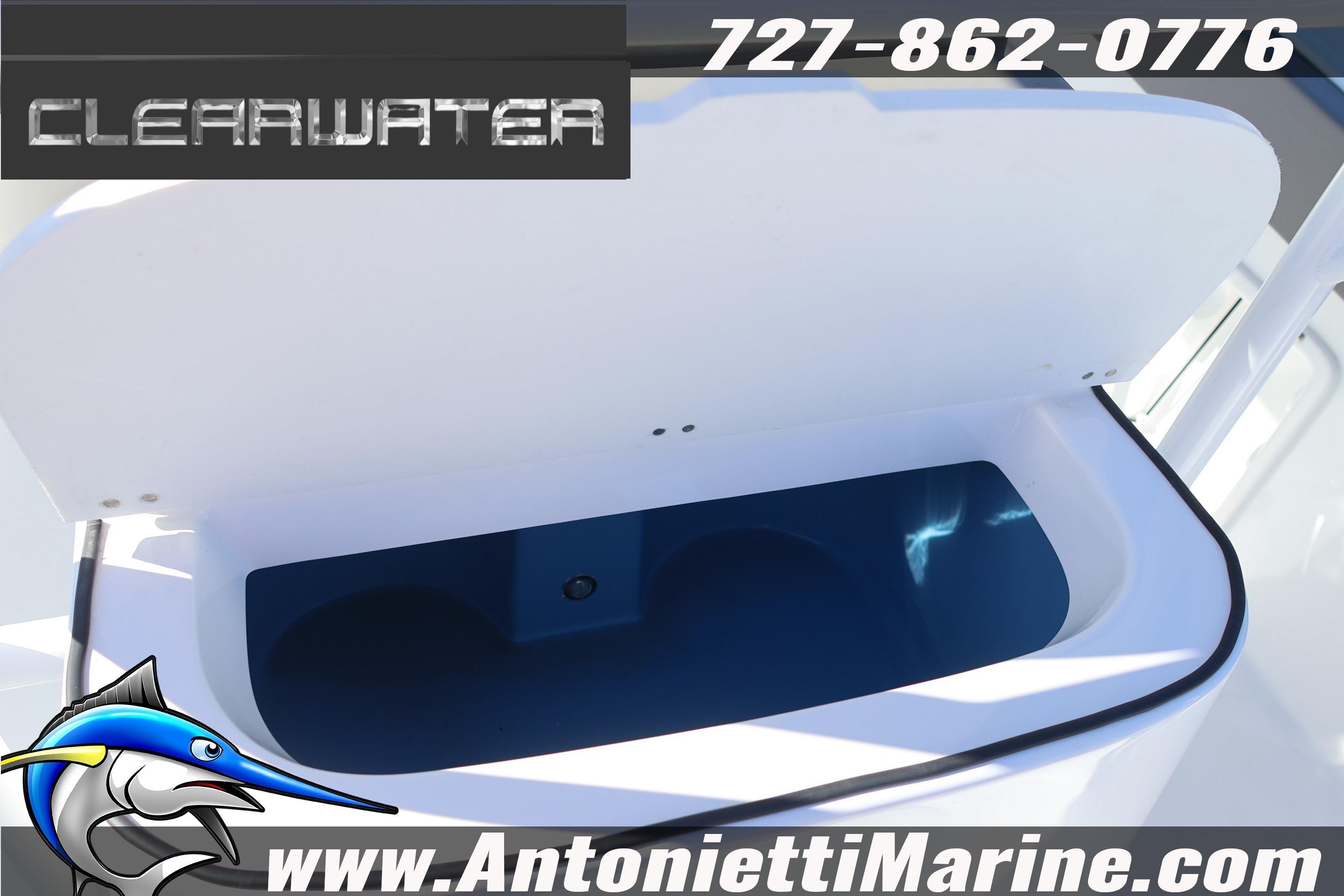 2026 Clearwater 2300 boat storage compartment, Antonietti Marine contact details displayed.