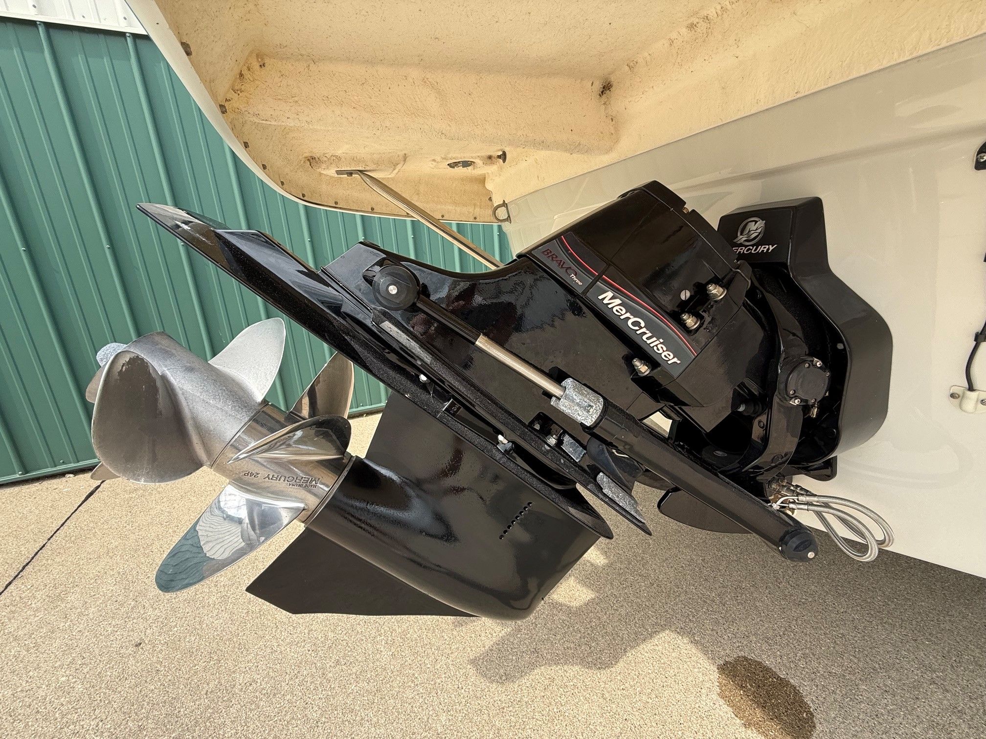 Close-up of a Mercury MerCruiser drive on a 2012 Crownline 252 EX boat.