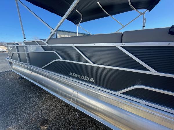 2025 Armada Saphir 23CR pontoon boat with sleek black design and modern features.
