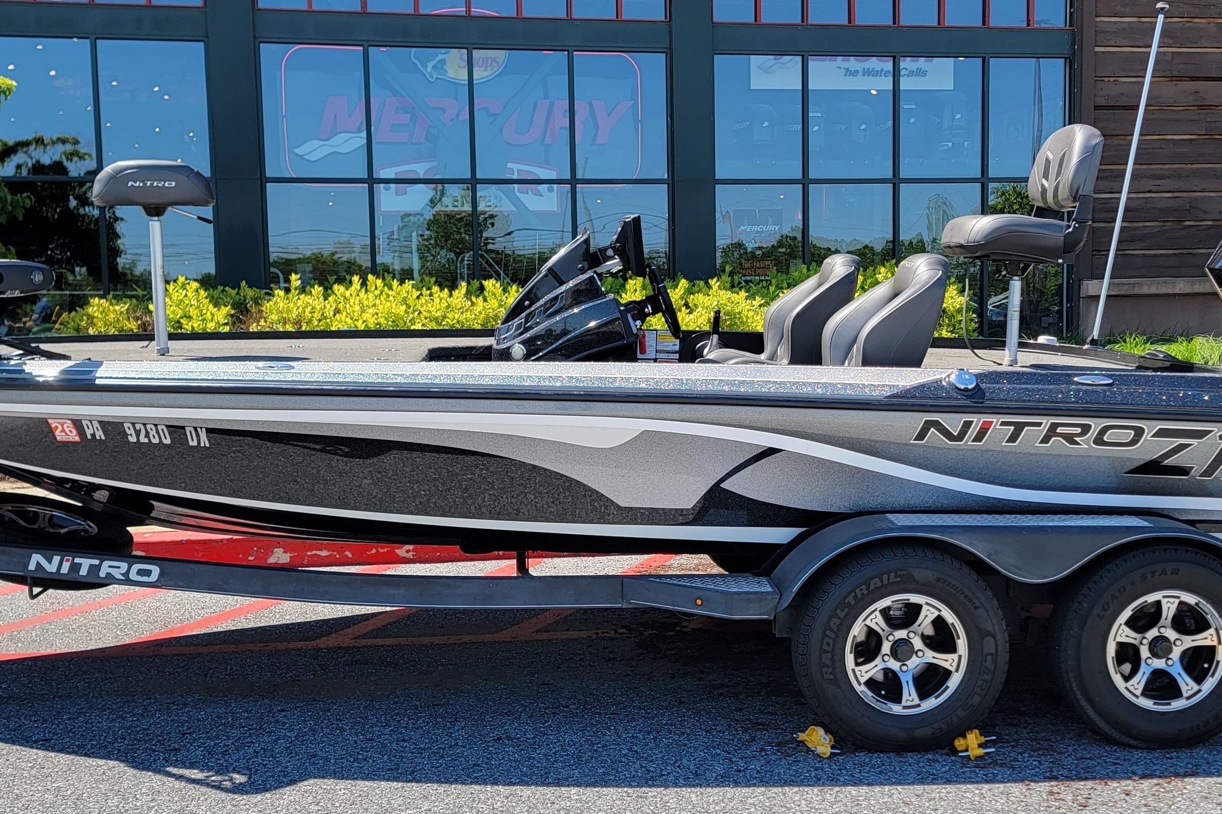 2020 Nitro Z19 Pro boat on trailer, parked outside a building.