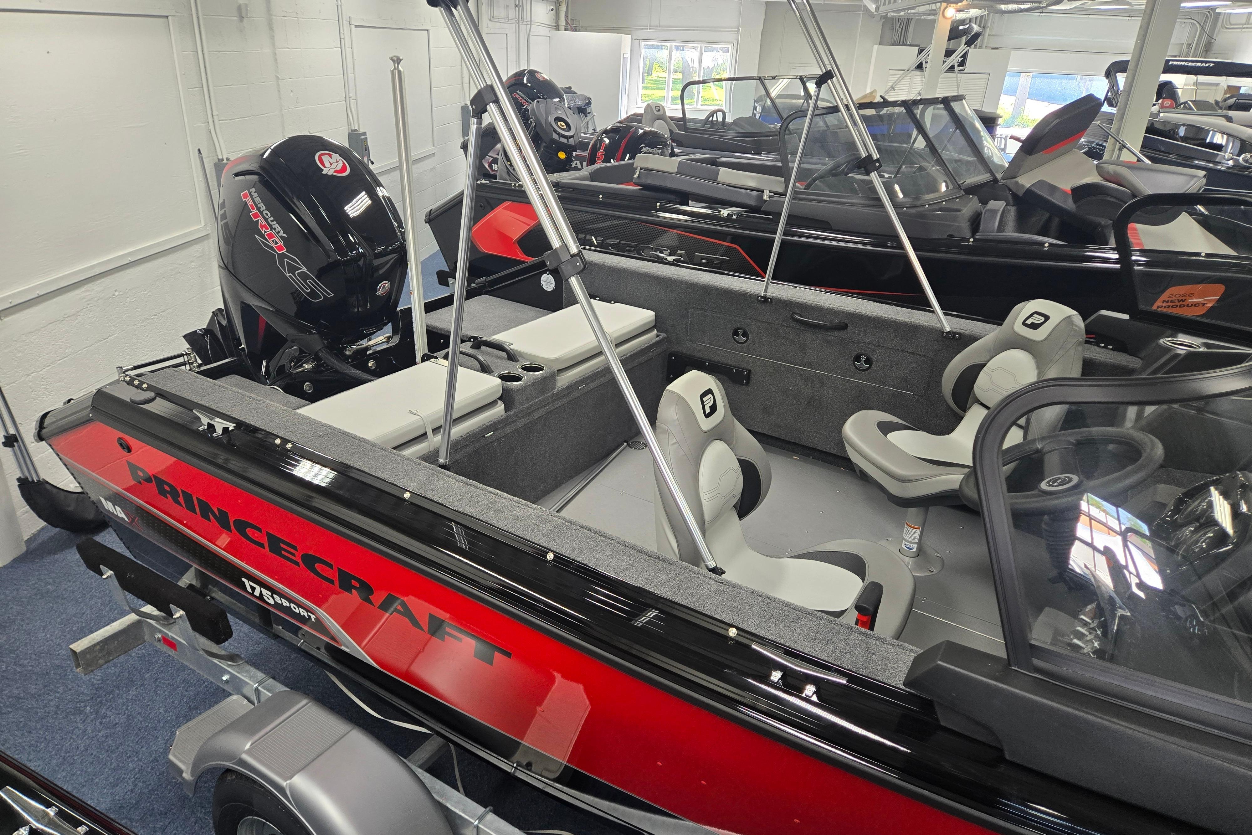 2026 Princecraft Sport 175 MAX boat with sleek design and modern interior in showroom.