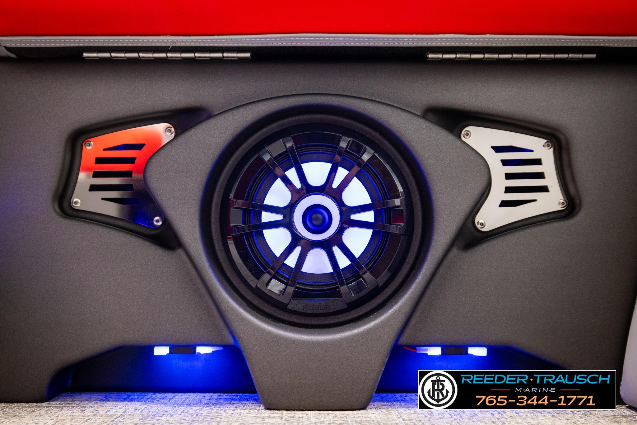 2026 Avalon LSZ QL boat speaker with blue LED lighting and sleek design.