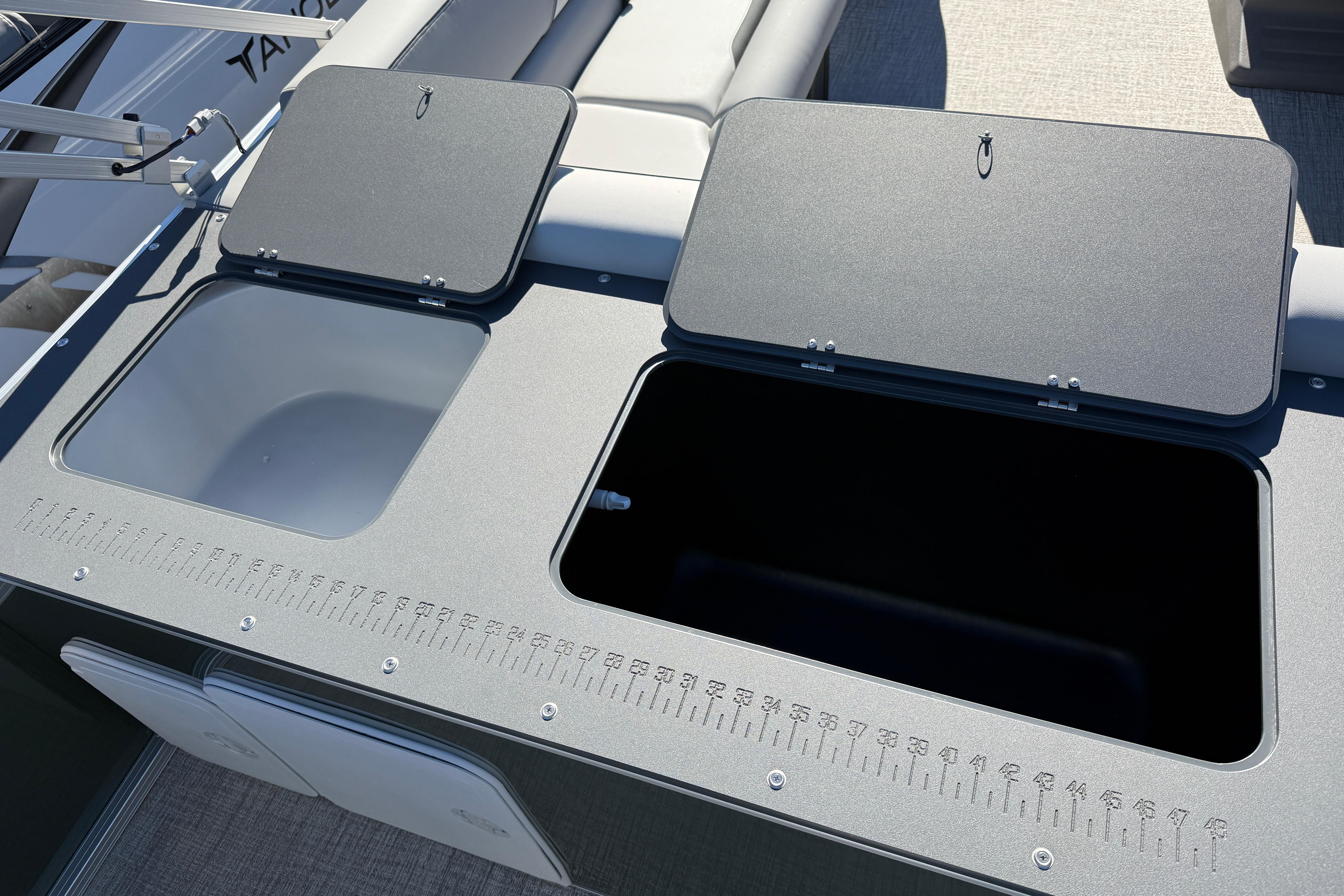 2026 Tahoe Pontoon Sport 85 Rear Fish with open storage compartments and measurement guide.