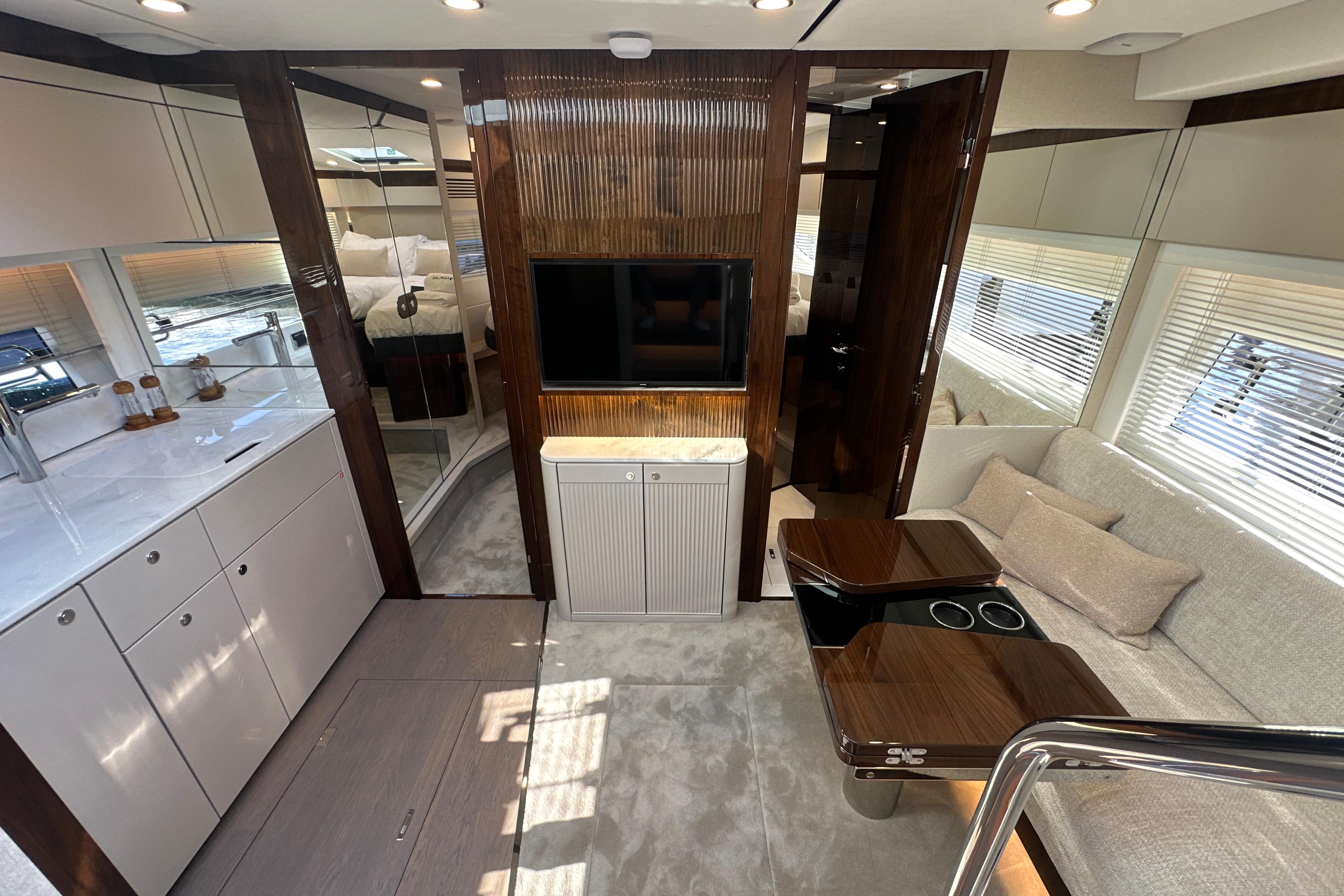 Luxurious interior of 2026 Fairline Targa 47 GT yacht with modern furnishings and sleek design.