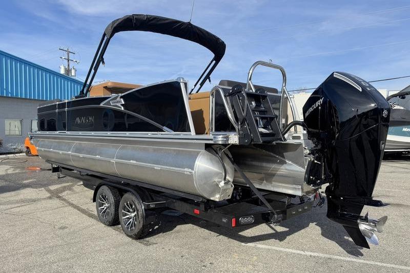 2026 Avalon 2585 25 Catalina ENT pontoon boat with Mercury outboard motor on trailer.