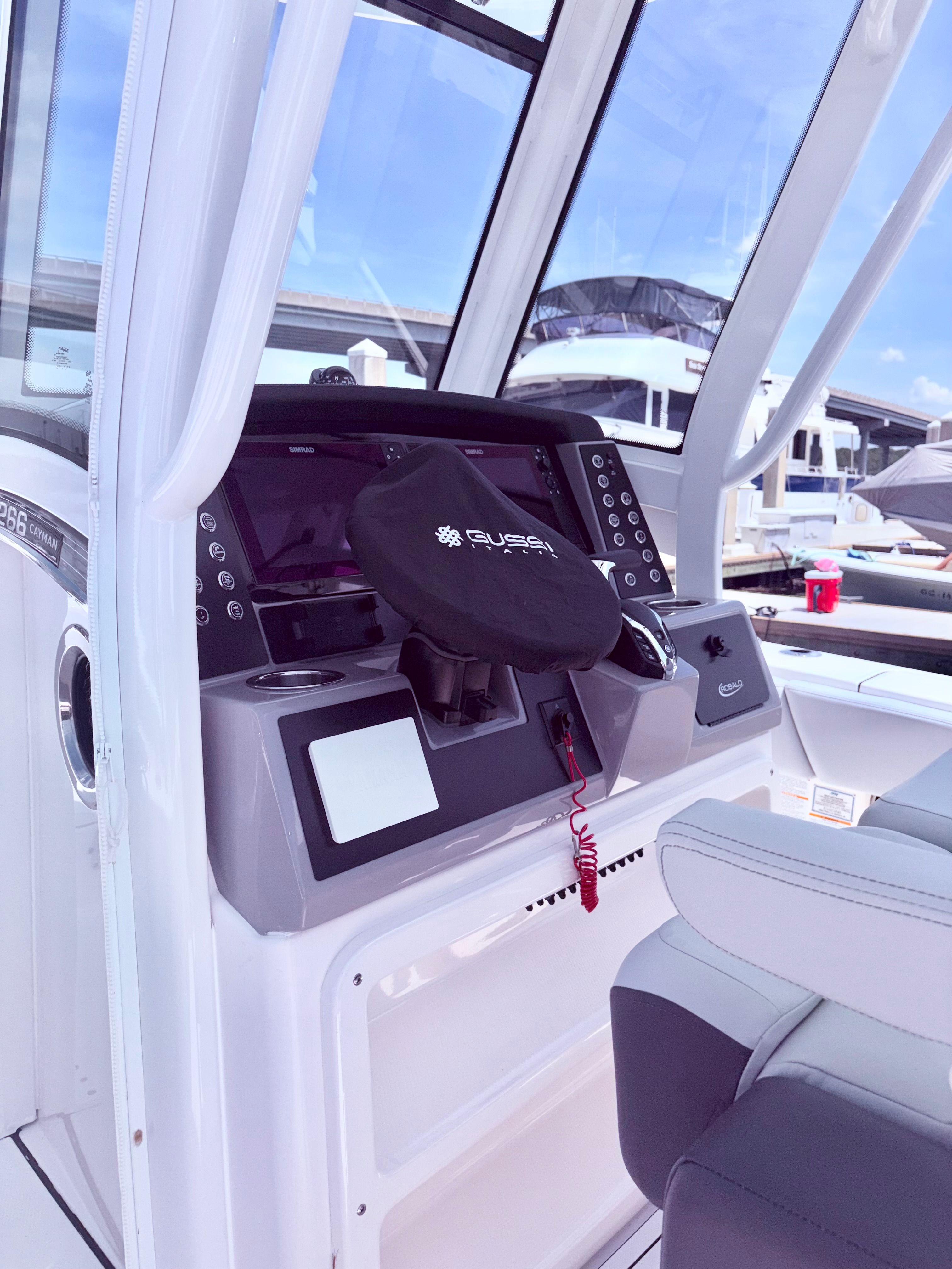 Interior view of 2025 Robalo 266 Cayman boat cockpit.