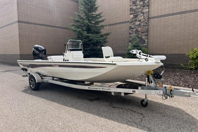 2023 Ranger RB190 boat on trailer, parked outdoors near brick wall.