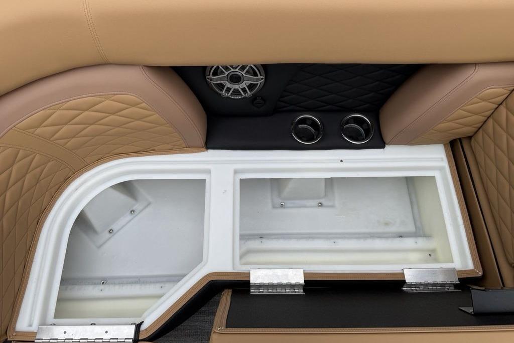 Luxurious seating with storage on 2026 Godfrey Monaco 235 SFLC iMPACT boat.