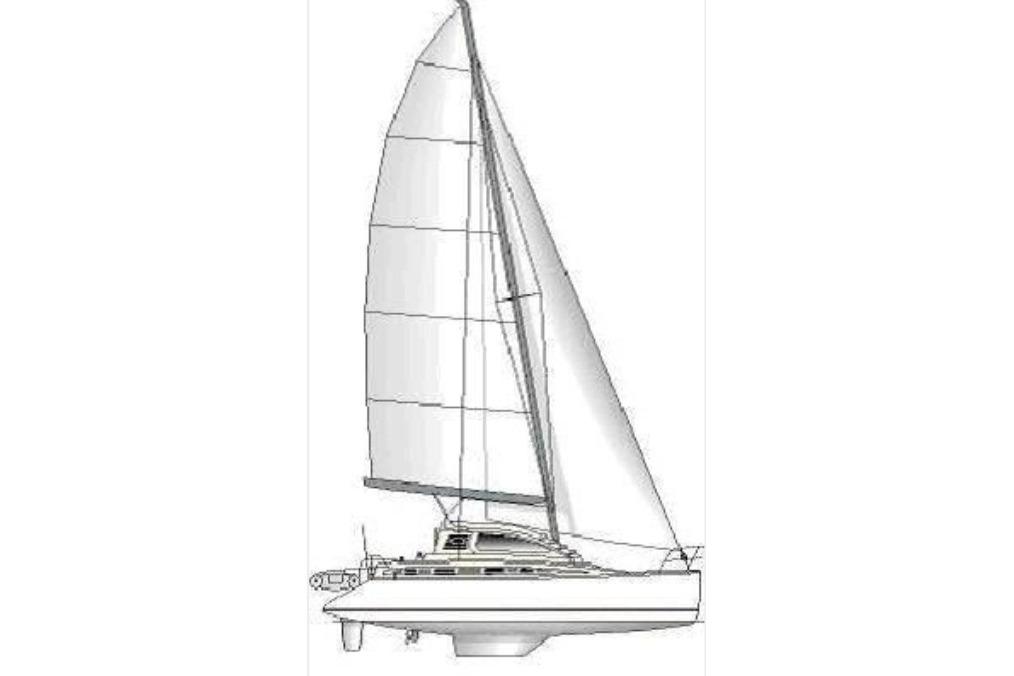 Line drawing of a 1999 Island Spirit 37 sailboat, side view with sails raised.