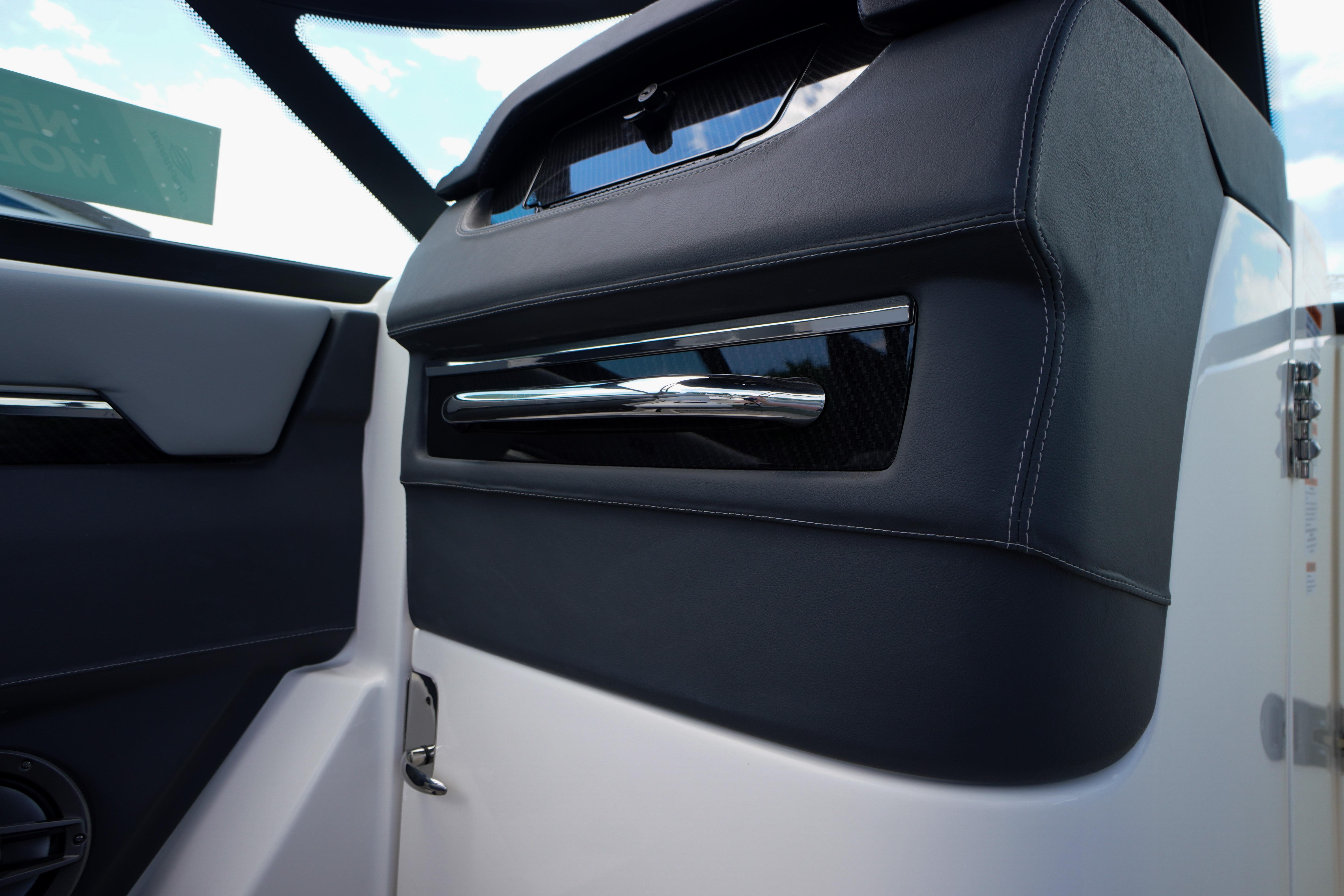 Interior detail of 2026 Chaparral SSX 4 boat, featuring sleek design and modern finishes.