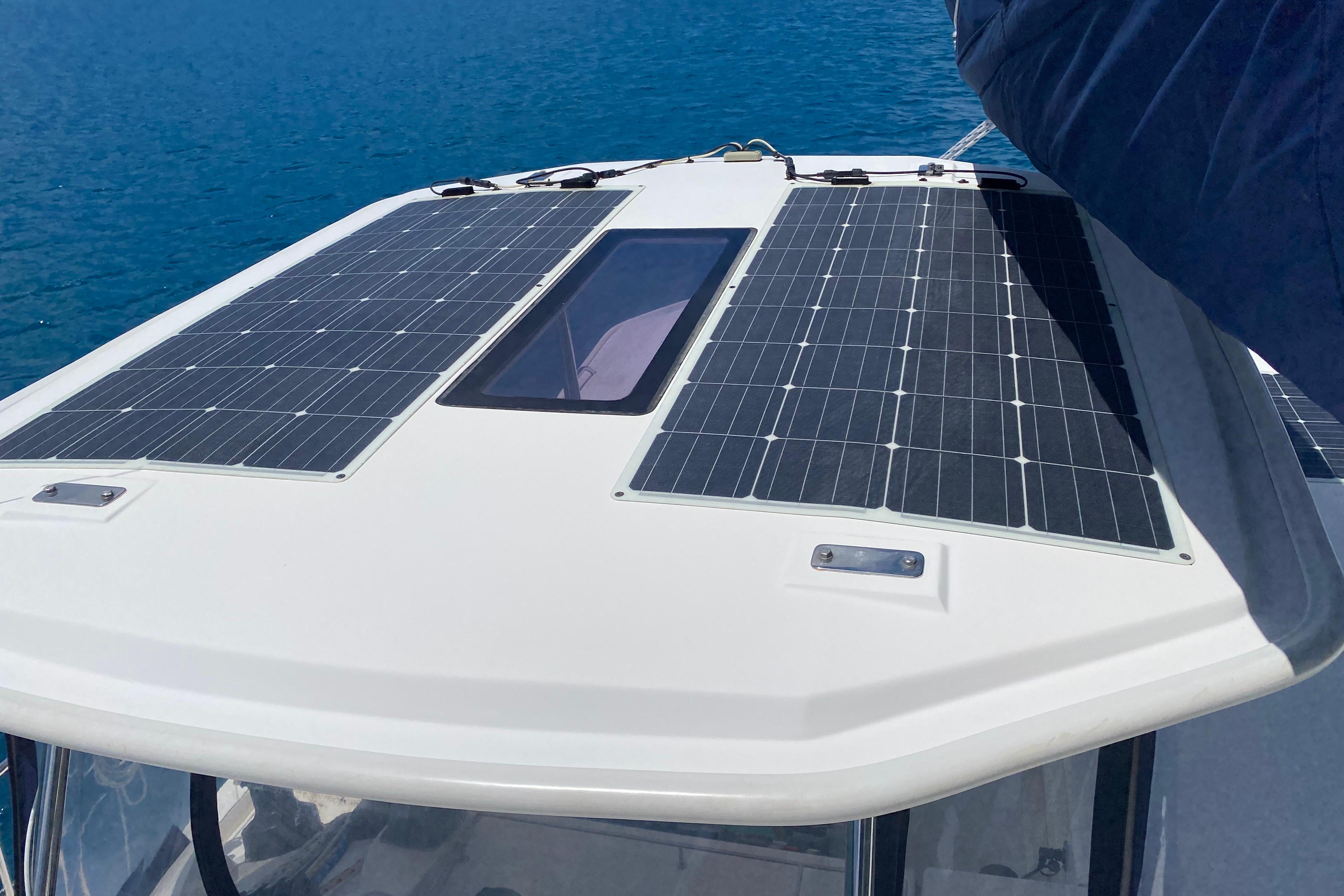 Solar panels on a 2017 Leopard 40 catamaran, harnessing energy on the open sea.
