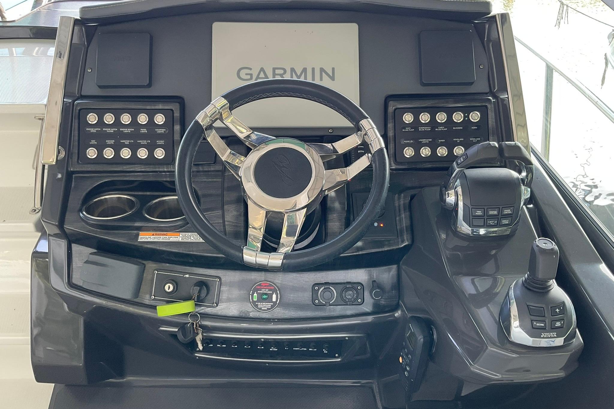 Control panel of a 2019 Monterey 335 Sport Yacht with Garmin navigation system.