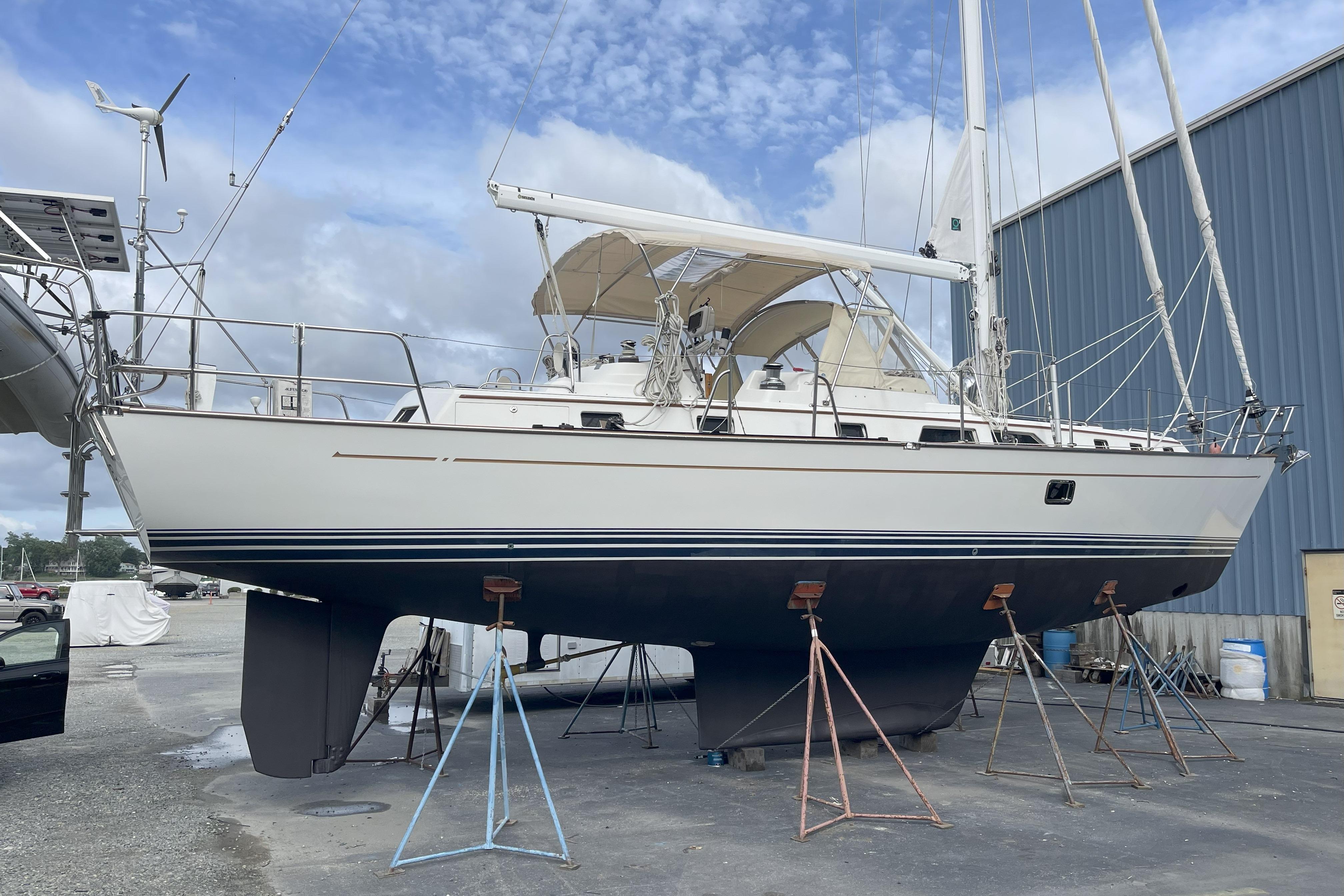2013 Passport 470 Center Cockpit sailboat on stands, ready for maintenance.