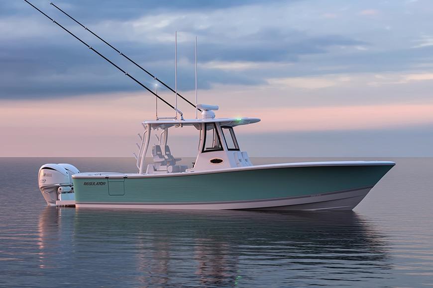 2025 Regulator 31 boat on calm water at sunset, showcasing sleek design and twin engines.