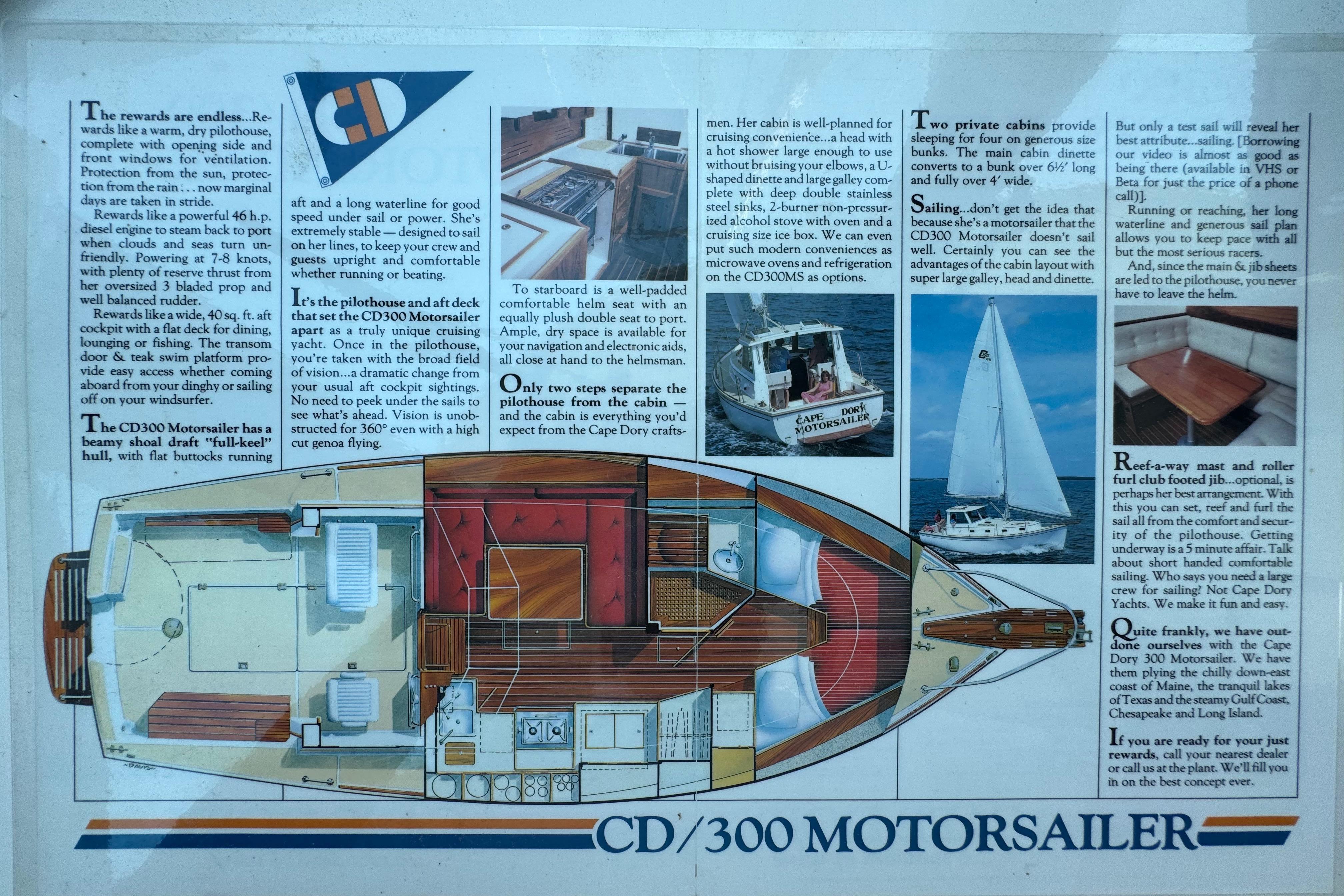 Brochure of the 1989 Cape Dory 30 Motorsailer with deck plan and specifications.