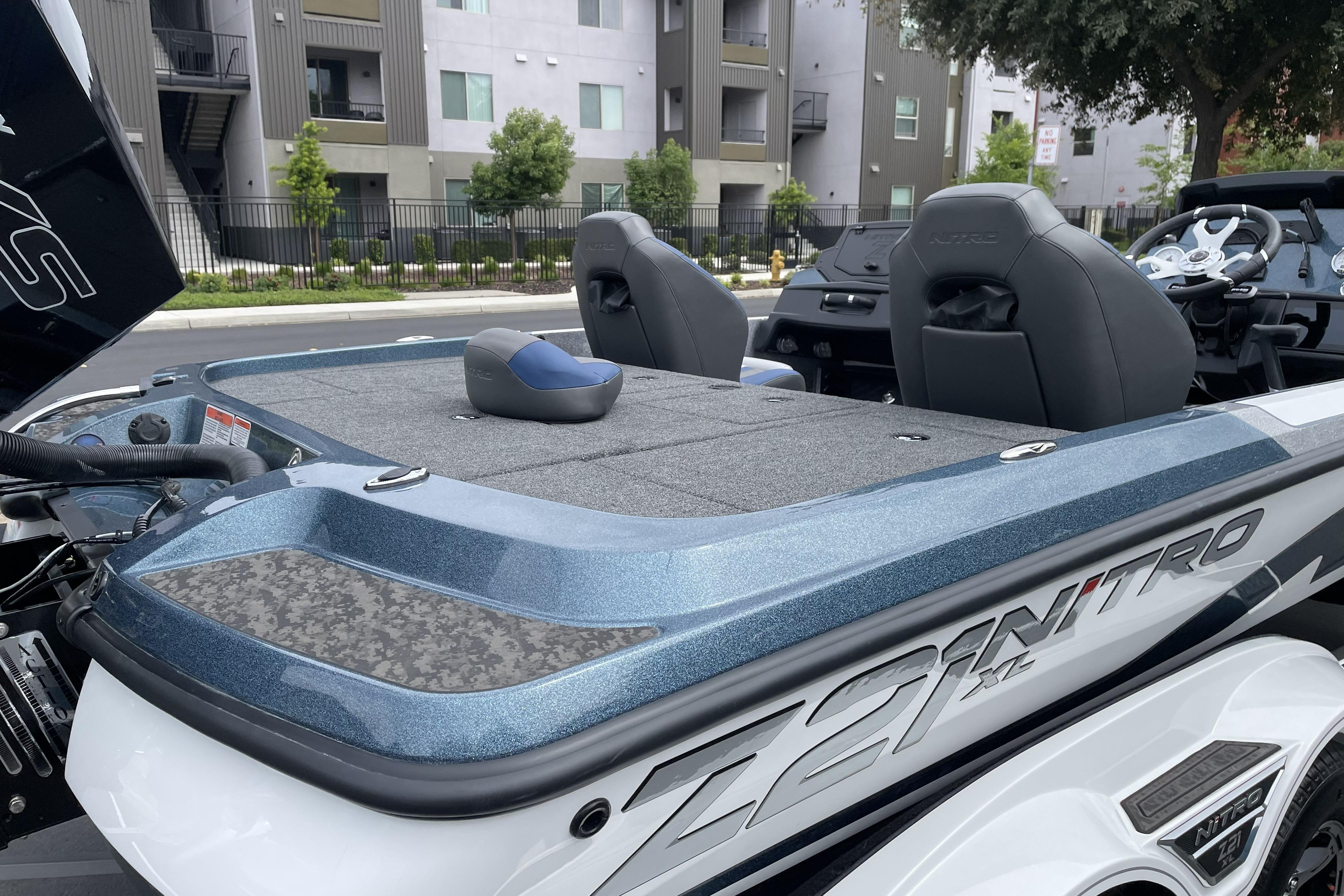 2026 Nitro Z21 XL boat with sleek design and modern features, parked outdoors.