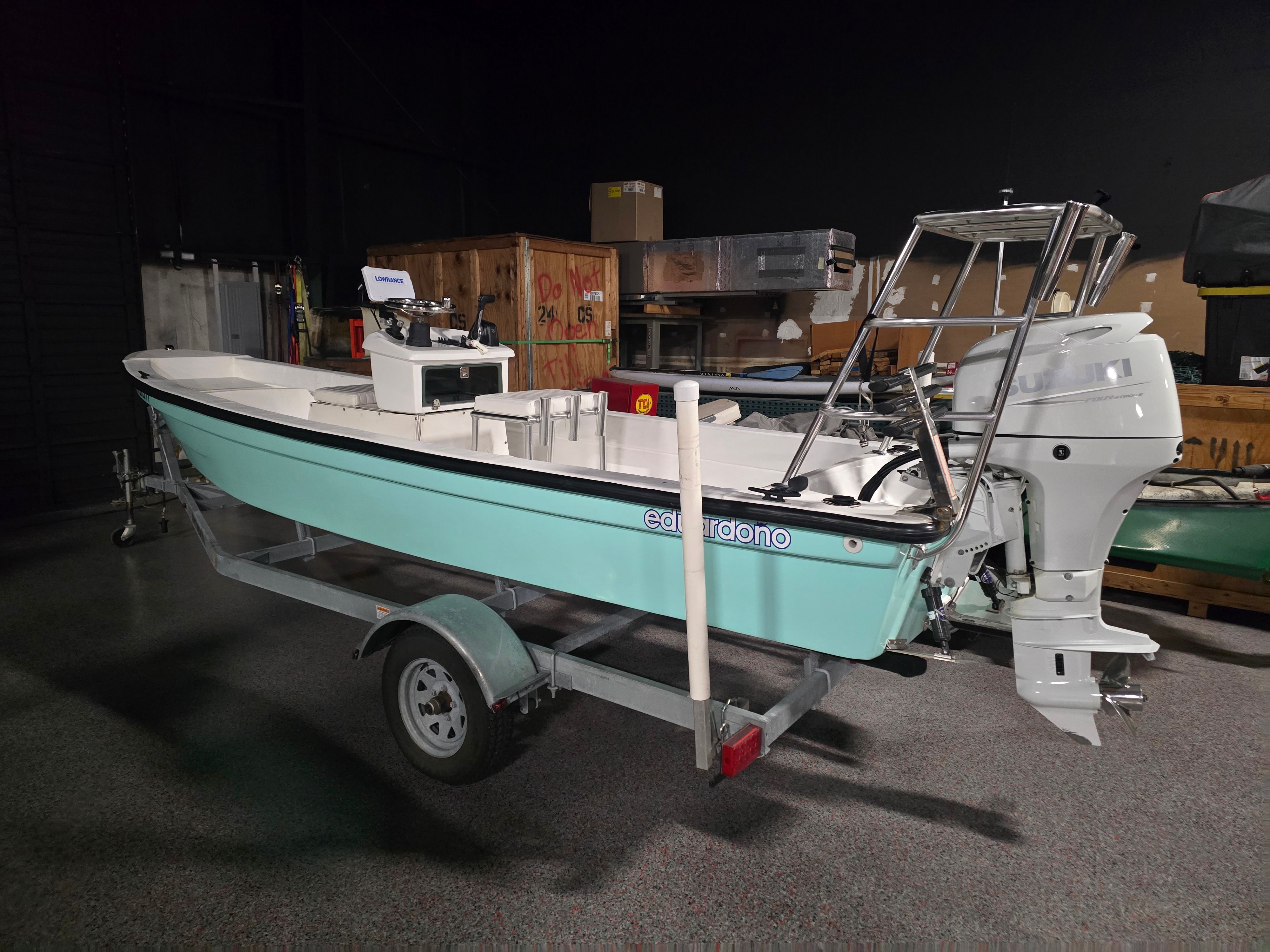 2022 Panga Eduardono boat on trailer in warehouse.
