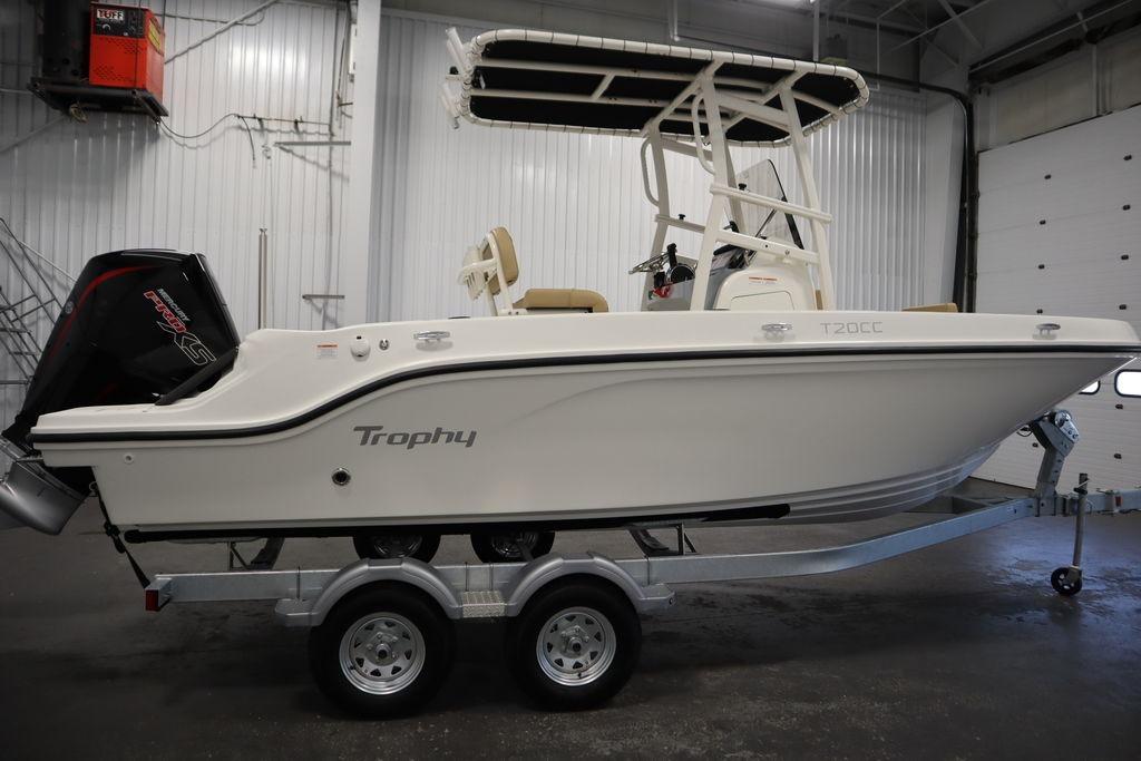 2026 Bayliner Trophy T20CC boat on trailer in indoor setting.