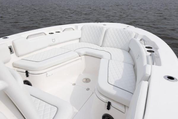 Manufacturer Provided Image: Luxurious seating on 2025 Sea Fox 248 Commander boat, featuring white cushioned interior.