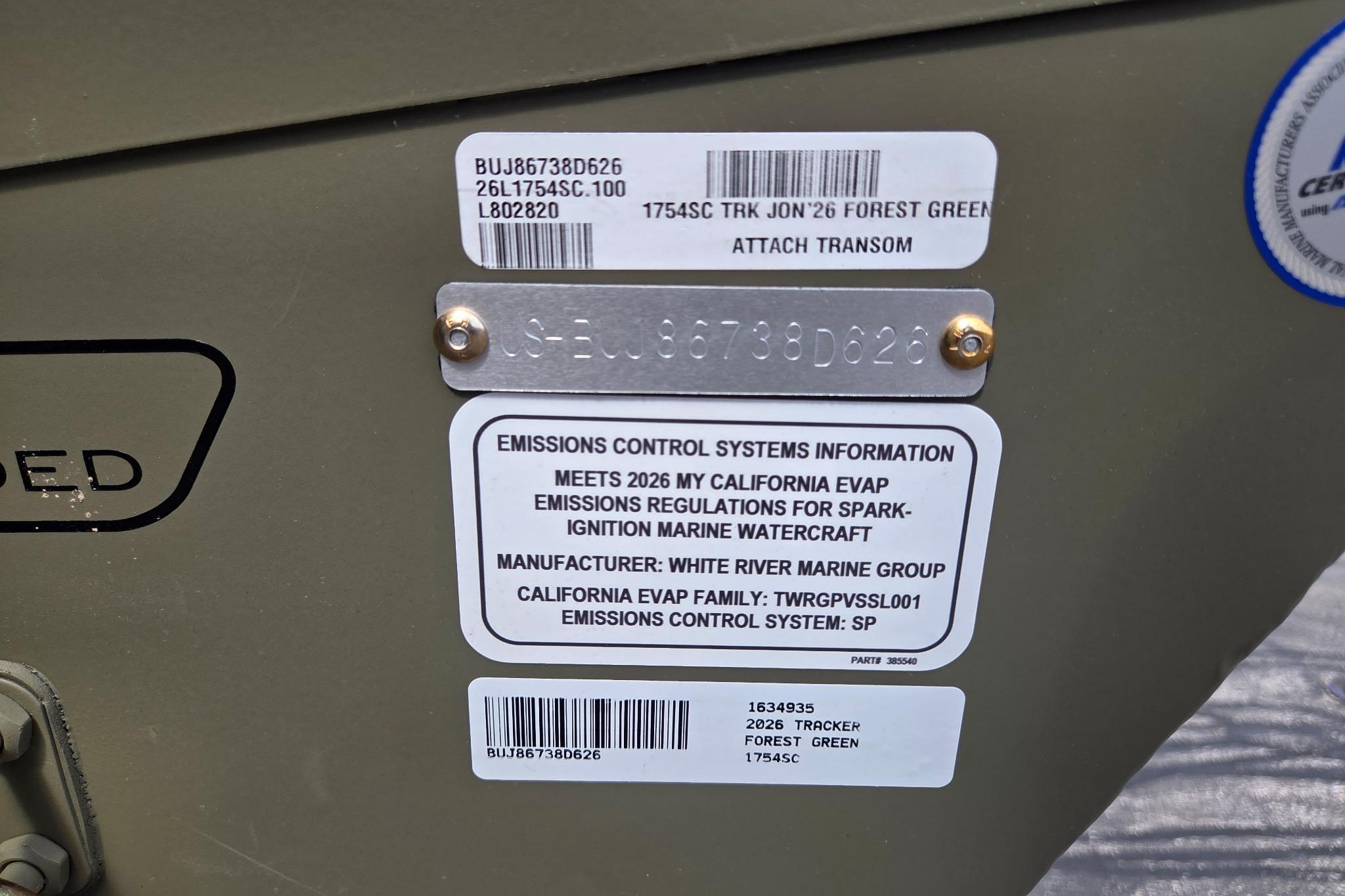 2026 Tracker Grizzly 1754 SC emissions control label, forest green, compliance details.