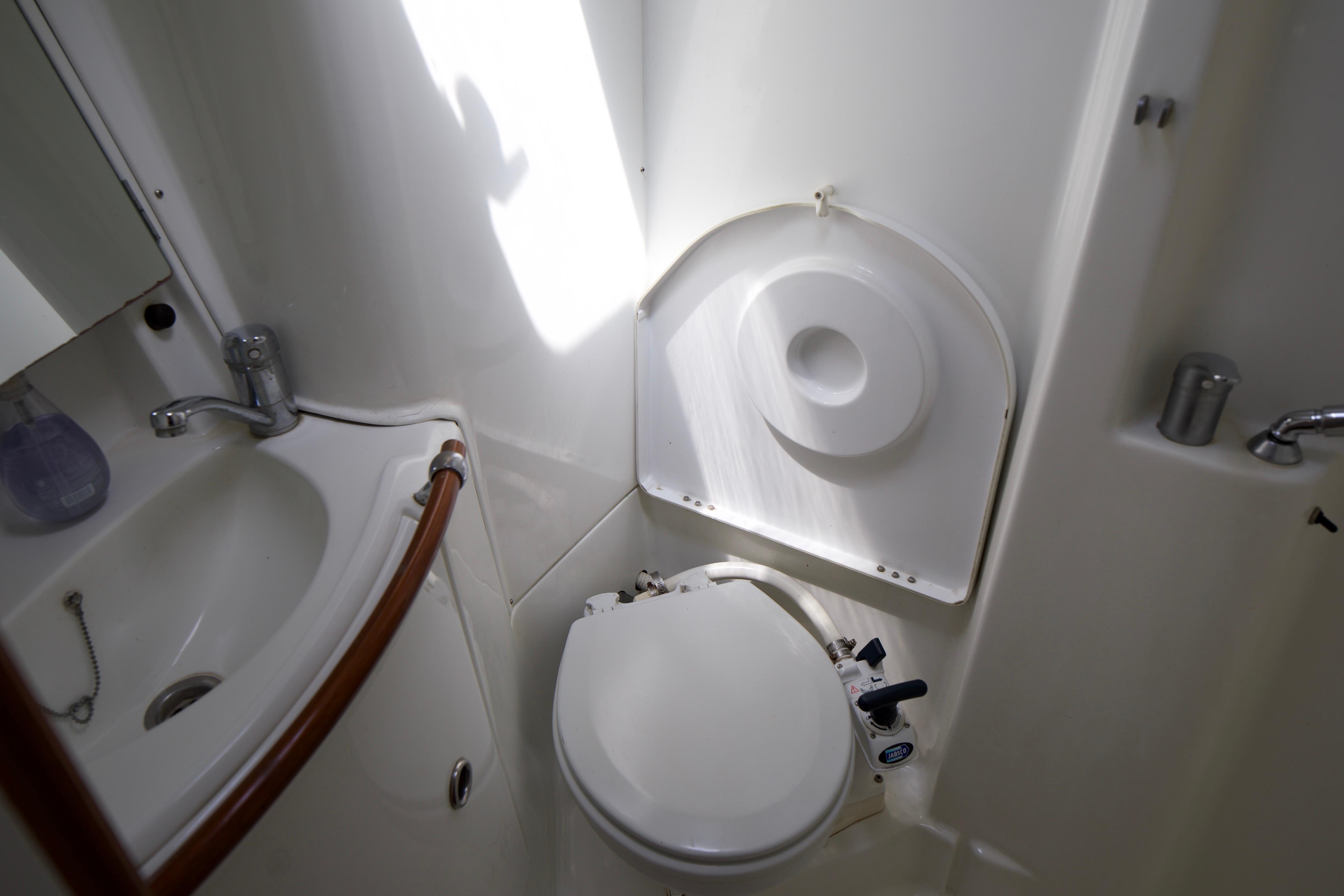 Bathroom interior of 2005 Beneteau 423 yacht, featuring sink and toilet.