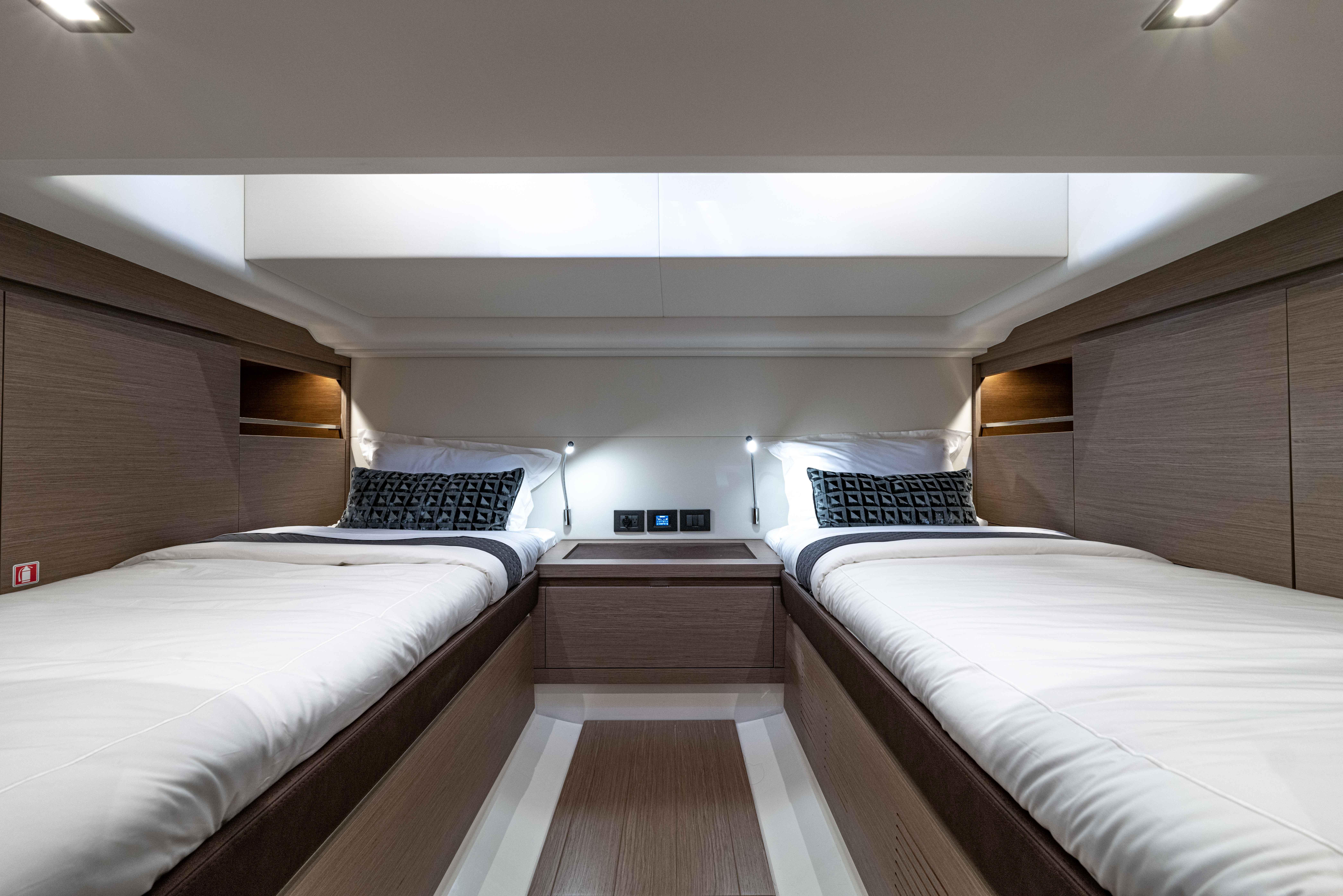 Interior of Pardo Yachts 43, 2023, featuring twin beds.