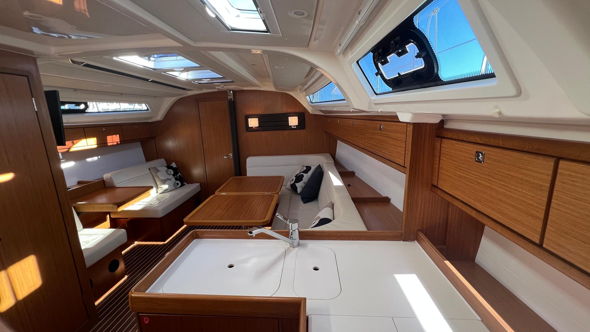 Interior of a 2022 Bavaria Cruiser 41 yacht with modern amenities.