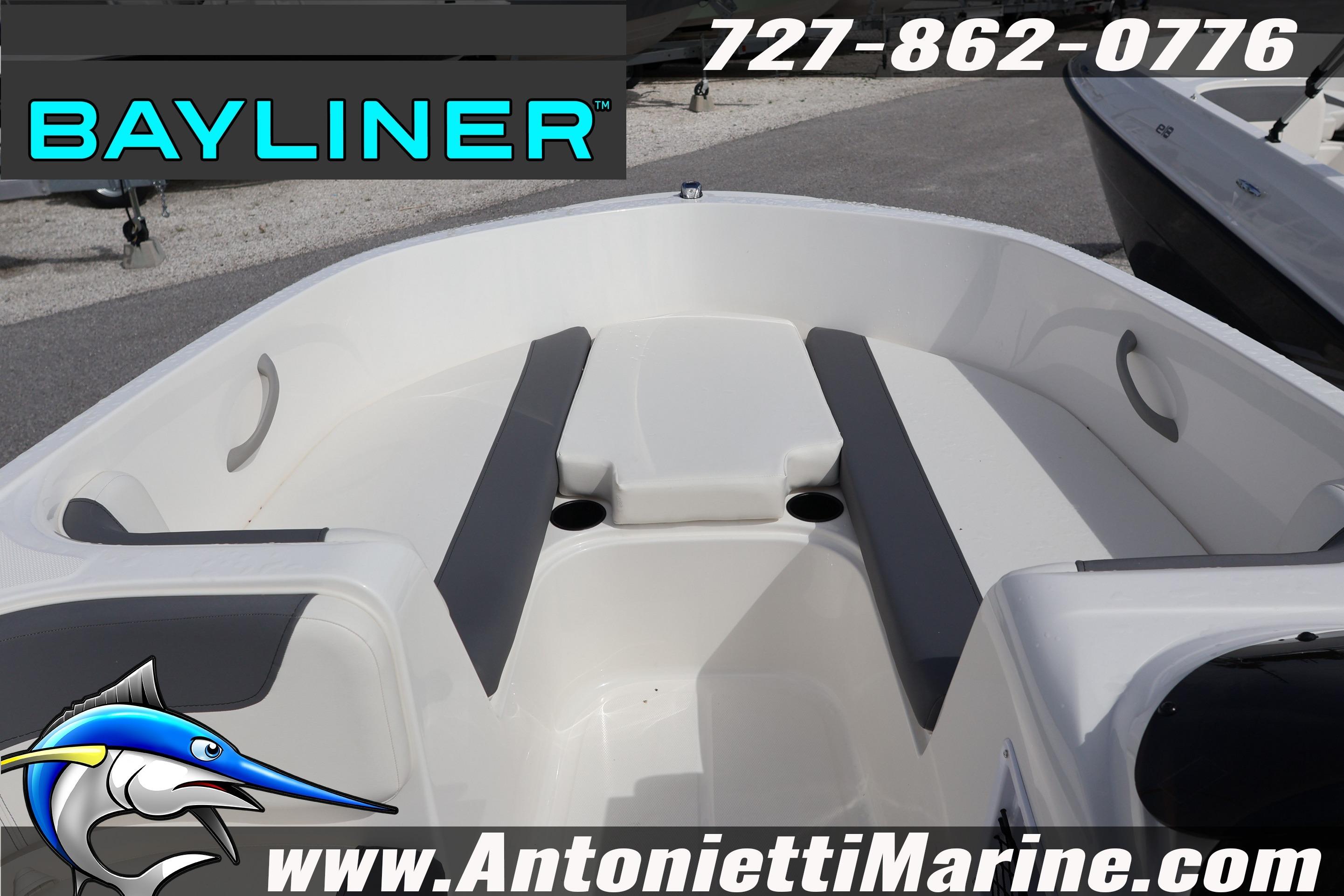 2026 Bayliner Element E16 boat interior with seating, displayed at Antonietti Marine.