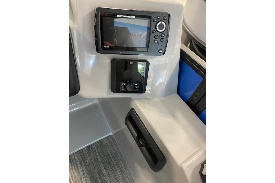 Control panel of 2026 Bentley Pontoons Legacy 223 Swingback with navigation and audio systems.