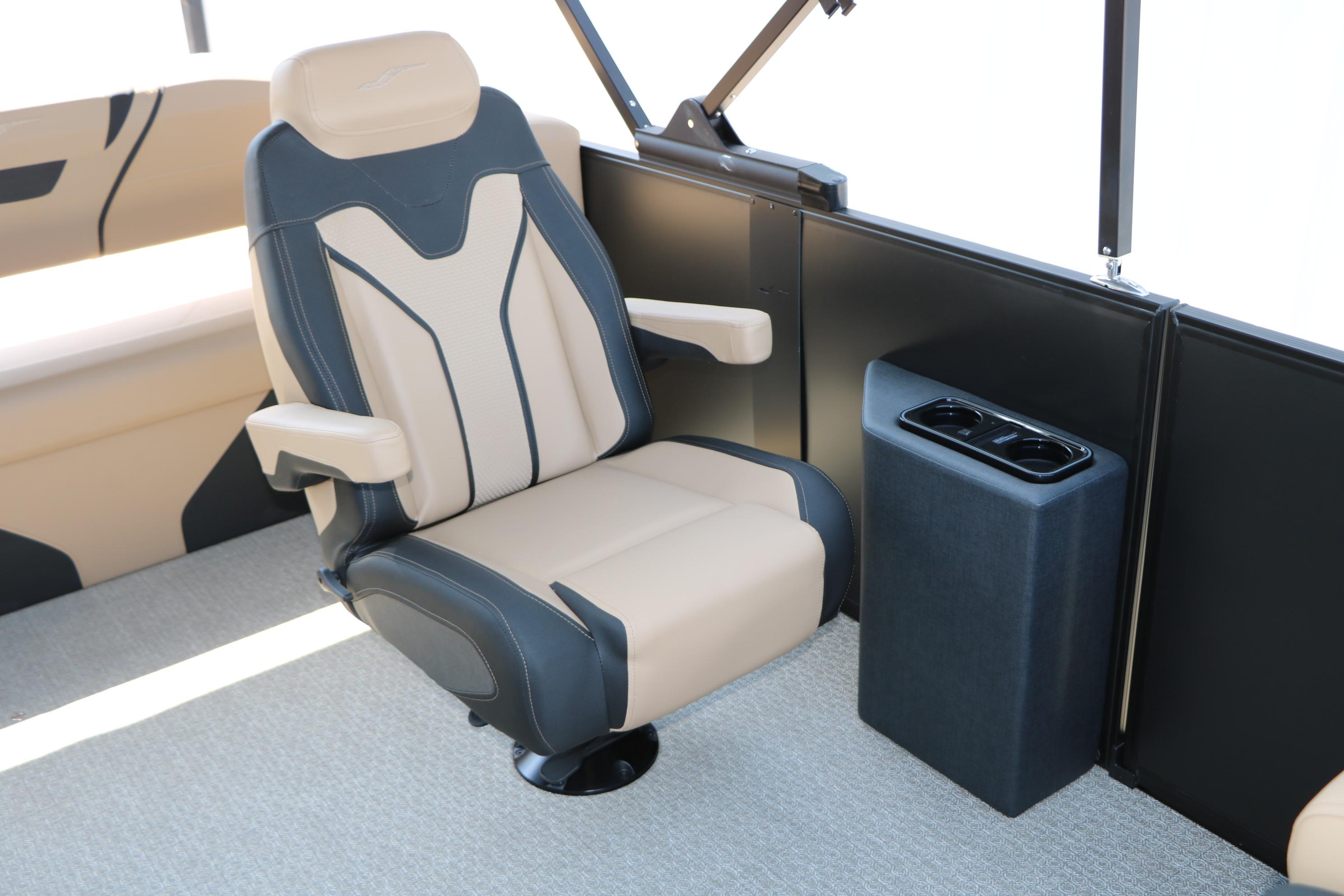 Luxurious seating in the 2026 Evotti 725 CS Tri-Toon boat interior.