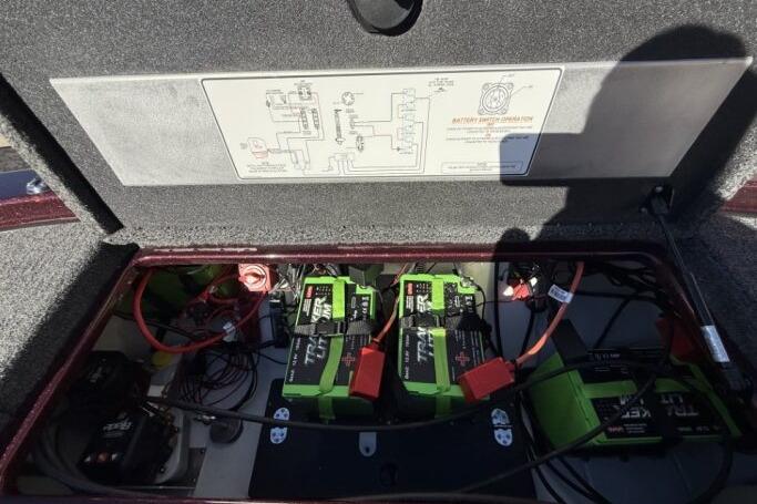 Battery compartment of 2026 Nitro Z21 XL Pro boat with wiring diagram.