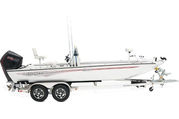 Manufacturer Provided Image: Manufacturer Provided Image: 2025 Ranger RB210 boat on trailer, side view, white with red accents.