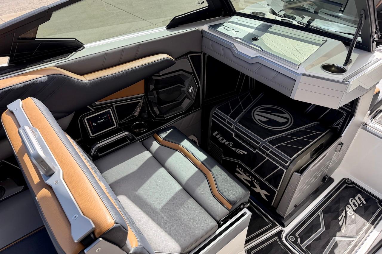 Interior of 2025 Tigé Ultré 25ZX boat, featuring sleek seating and modern design elements.