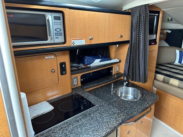 Interior of Chaparral Signature 310 yacht, kitchen with microwave and sink.