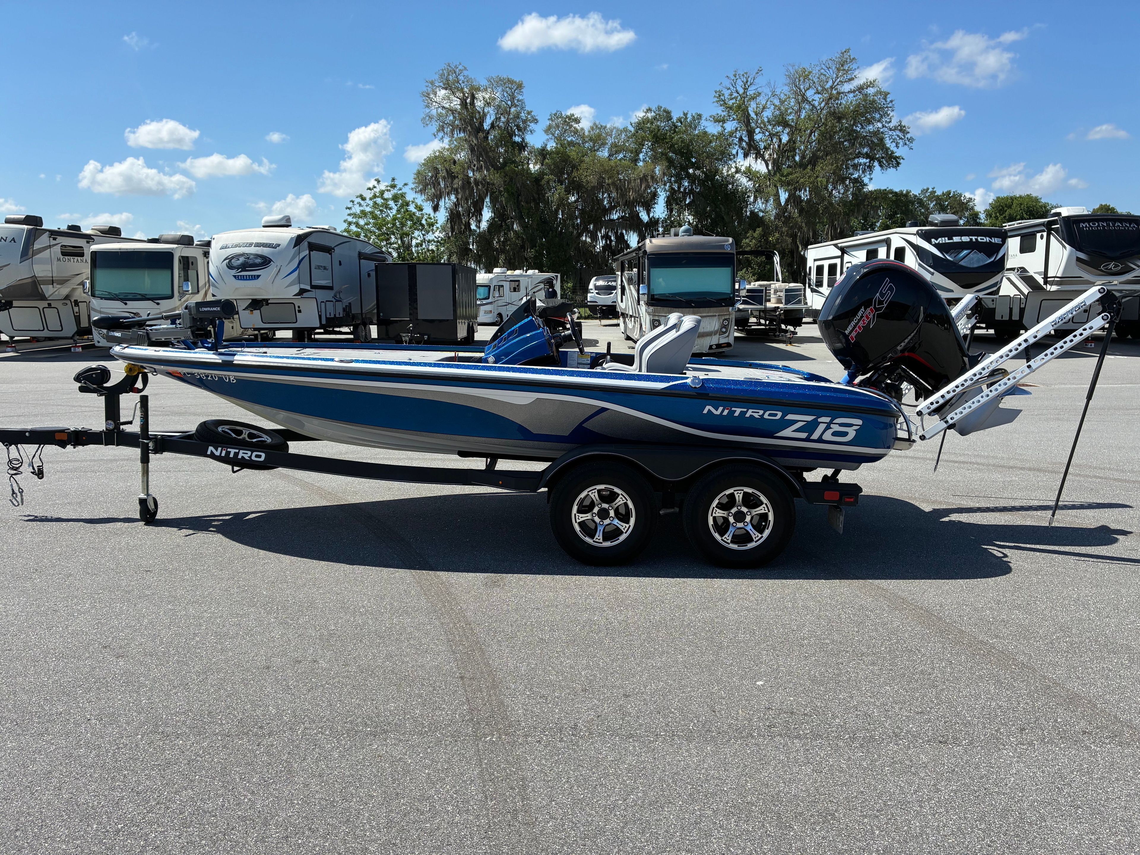 2024 Nitro Z18 Pro boat on trailer, surrounded by RVs.